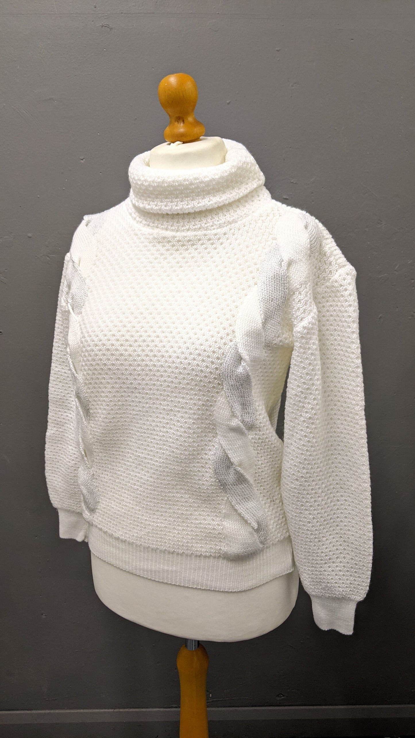 80s Snowy White Polo Neck Sweater, Cable Knit Jumper, Size Medium