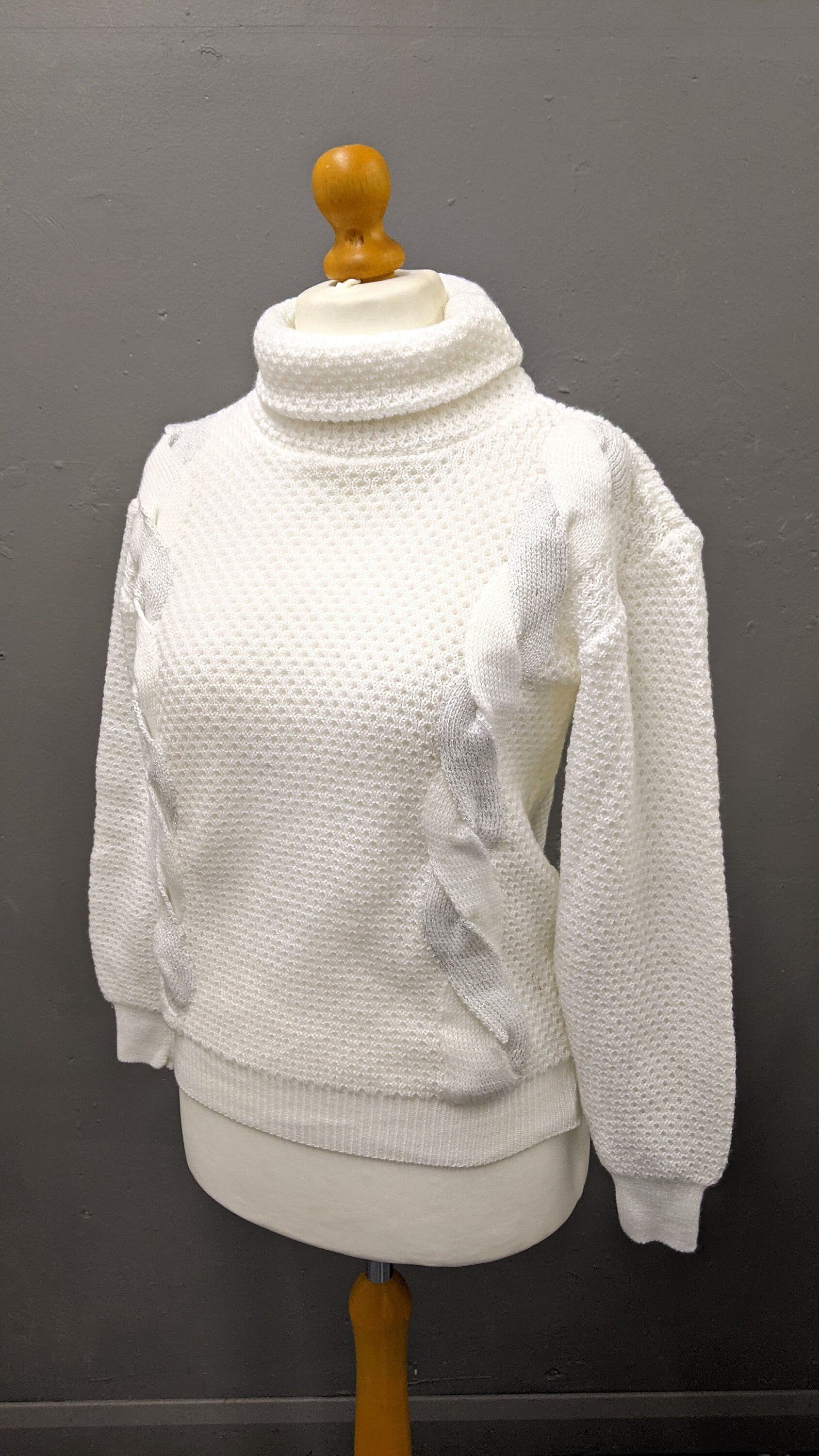 80s Snowy White Polo Neck Sweater, Cable Knit Jumper, Size Medium