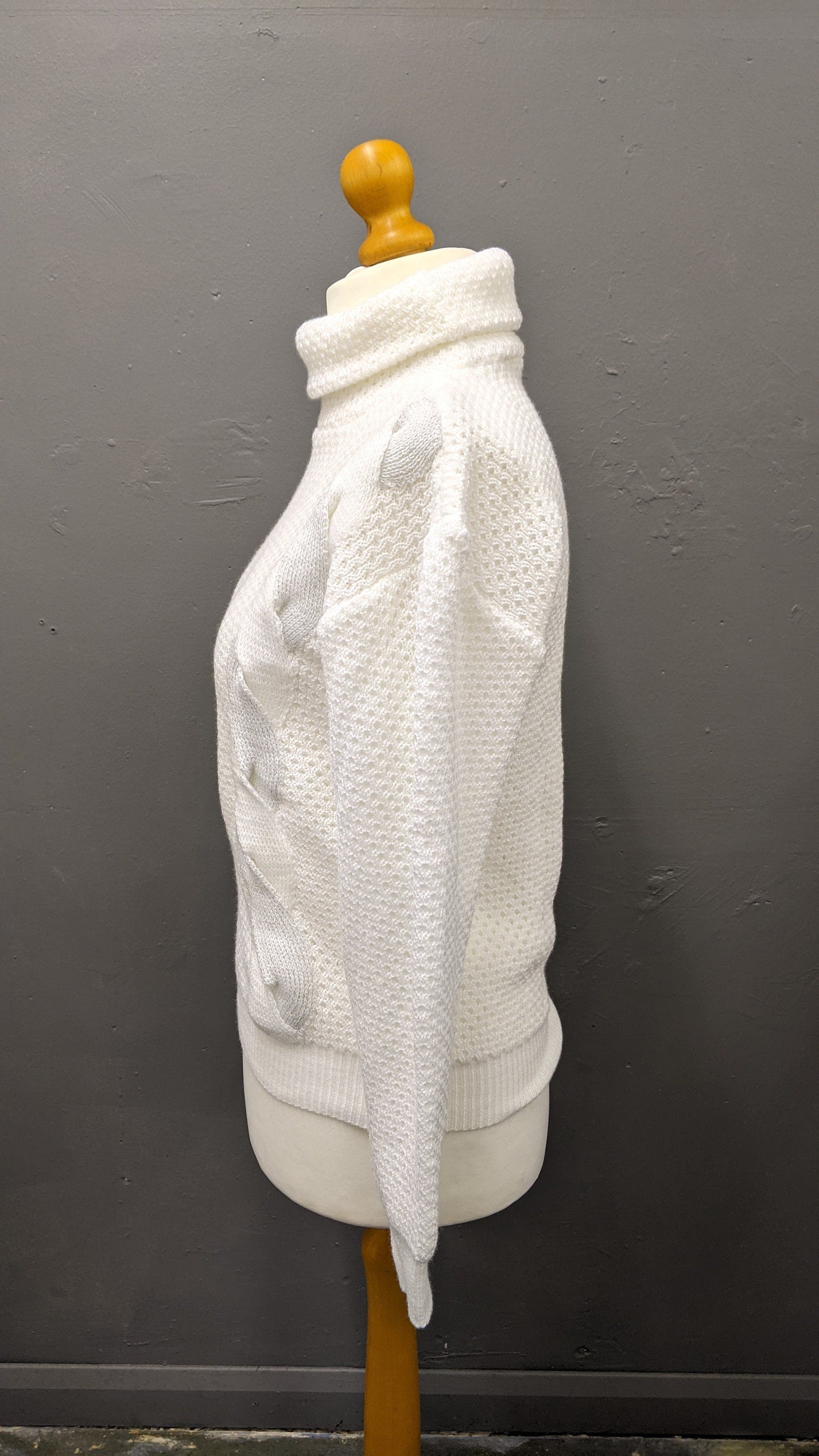80s Snowy White Polo Neck Sweater, Cable Knit Jumper, Size Medium