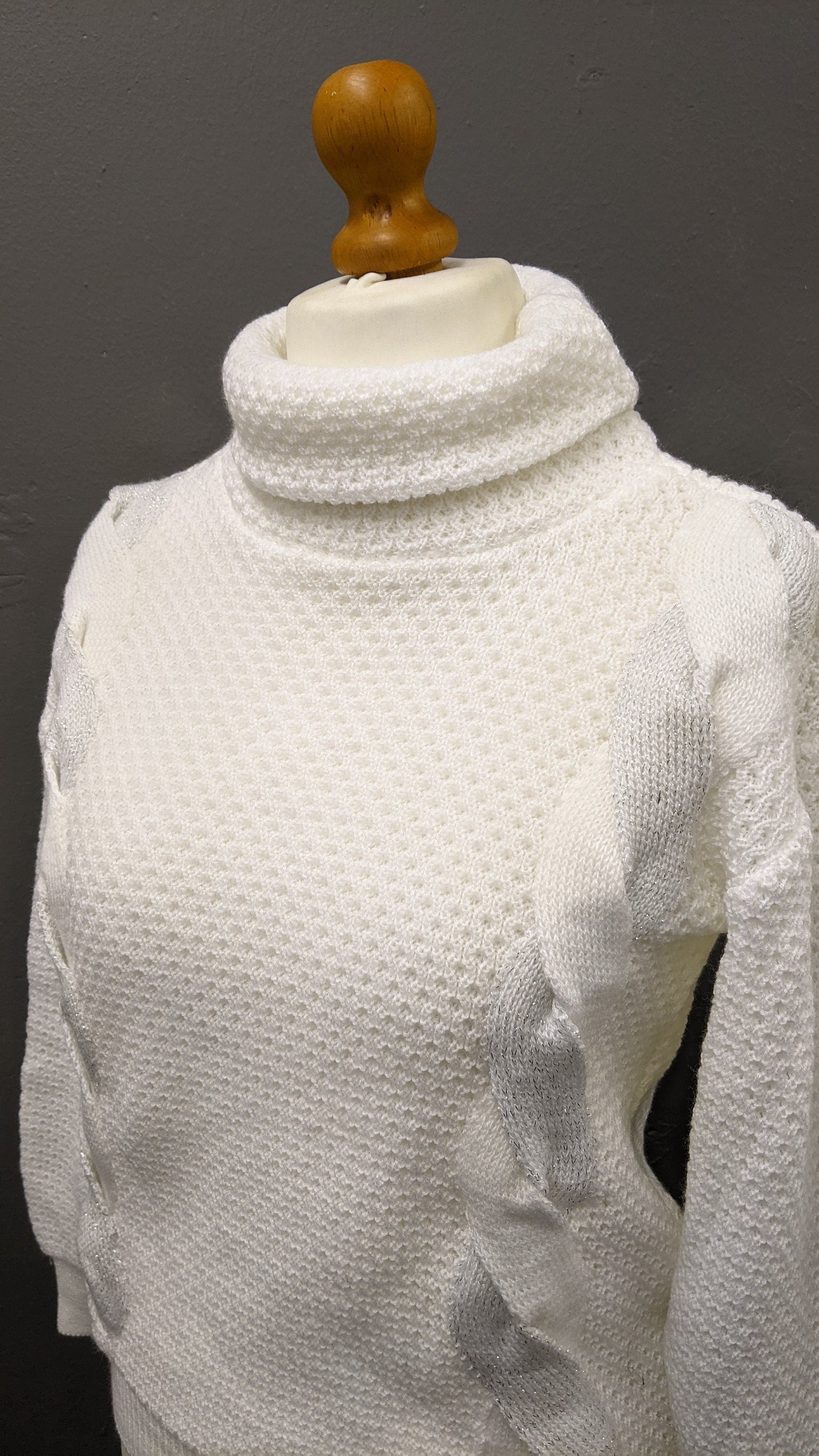 80s Snowy White Polo Neck Sweater, Cable Knit Jumper, Size Medium