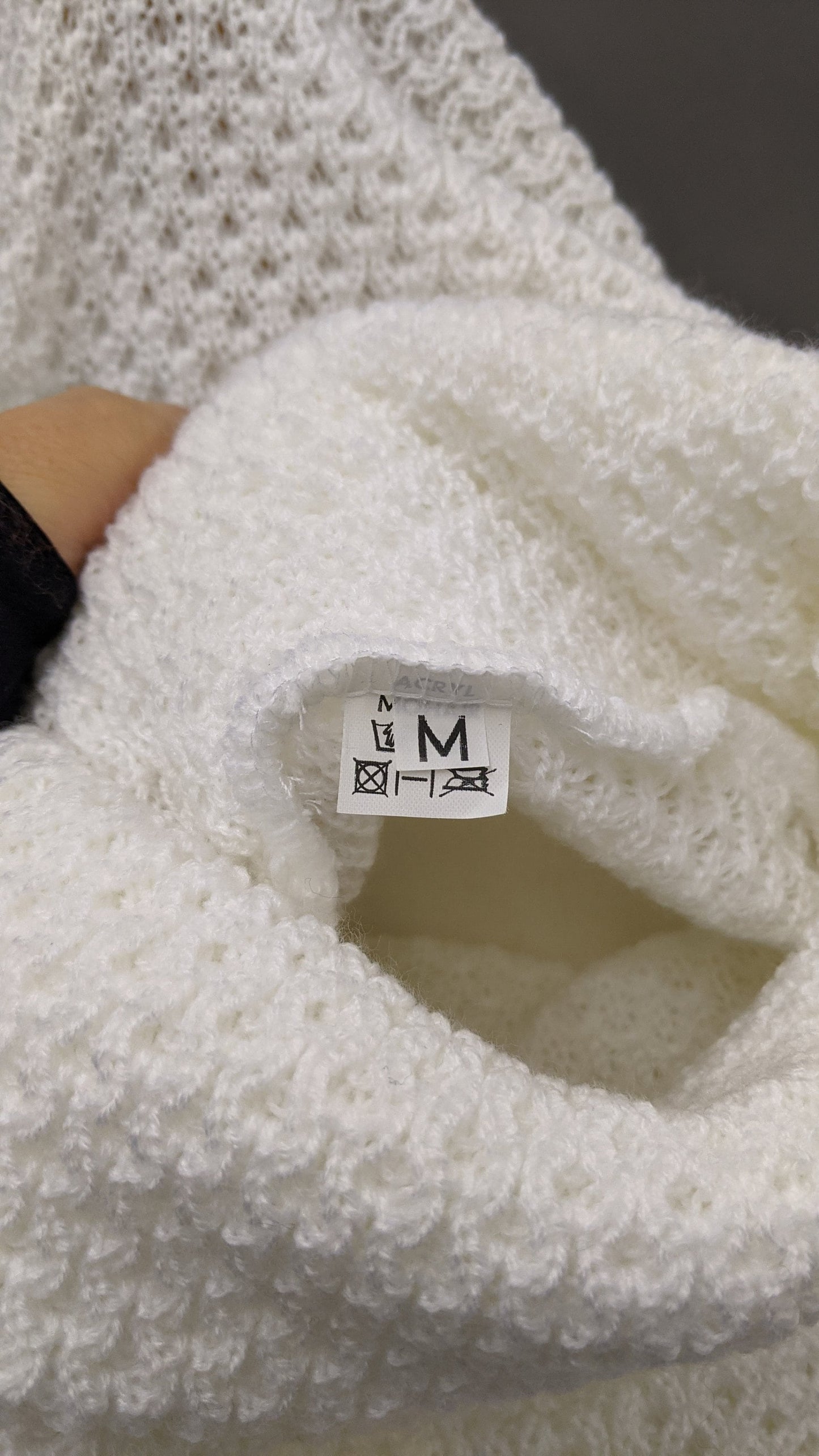 80s Snowy White Polo Neck Sweater, Cable Knit Jumper, Size Medium
