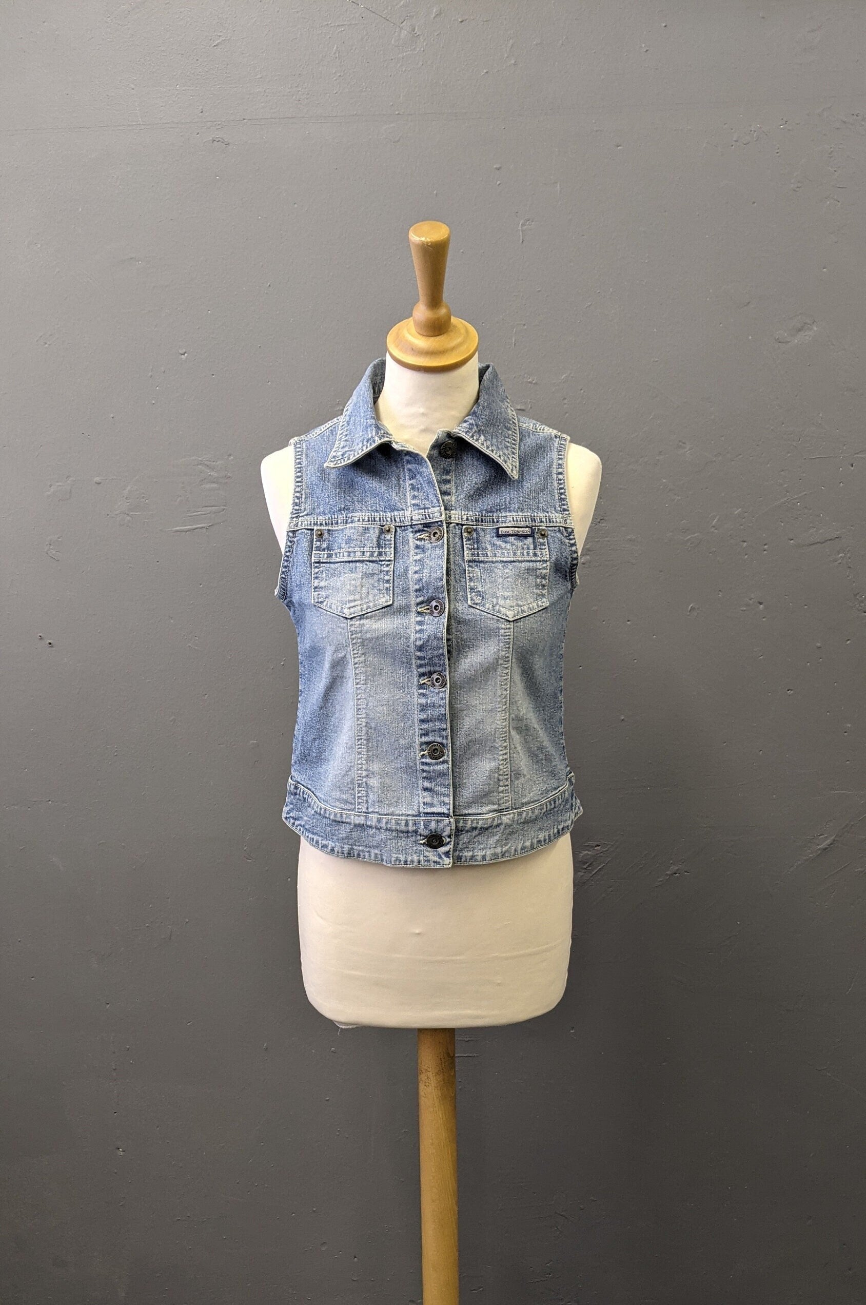90s Light Blue Denim Vest, Tom Tompson Sleeveless Jean Jacket, Size Small