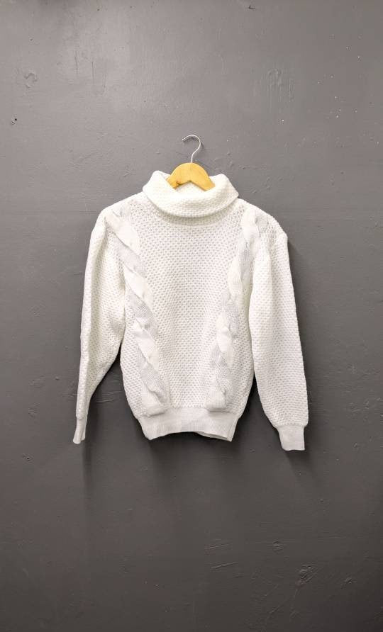 80s Snowy White Polo Neck Sweater, Cable Knit Jumper, Size Medium