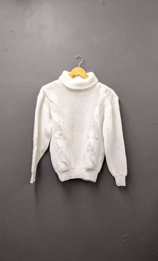 80s Snowy White Polo Neck Sweater, Cable Knit Jumper, Size Medium