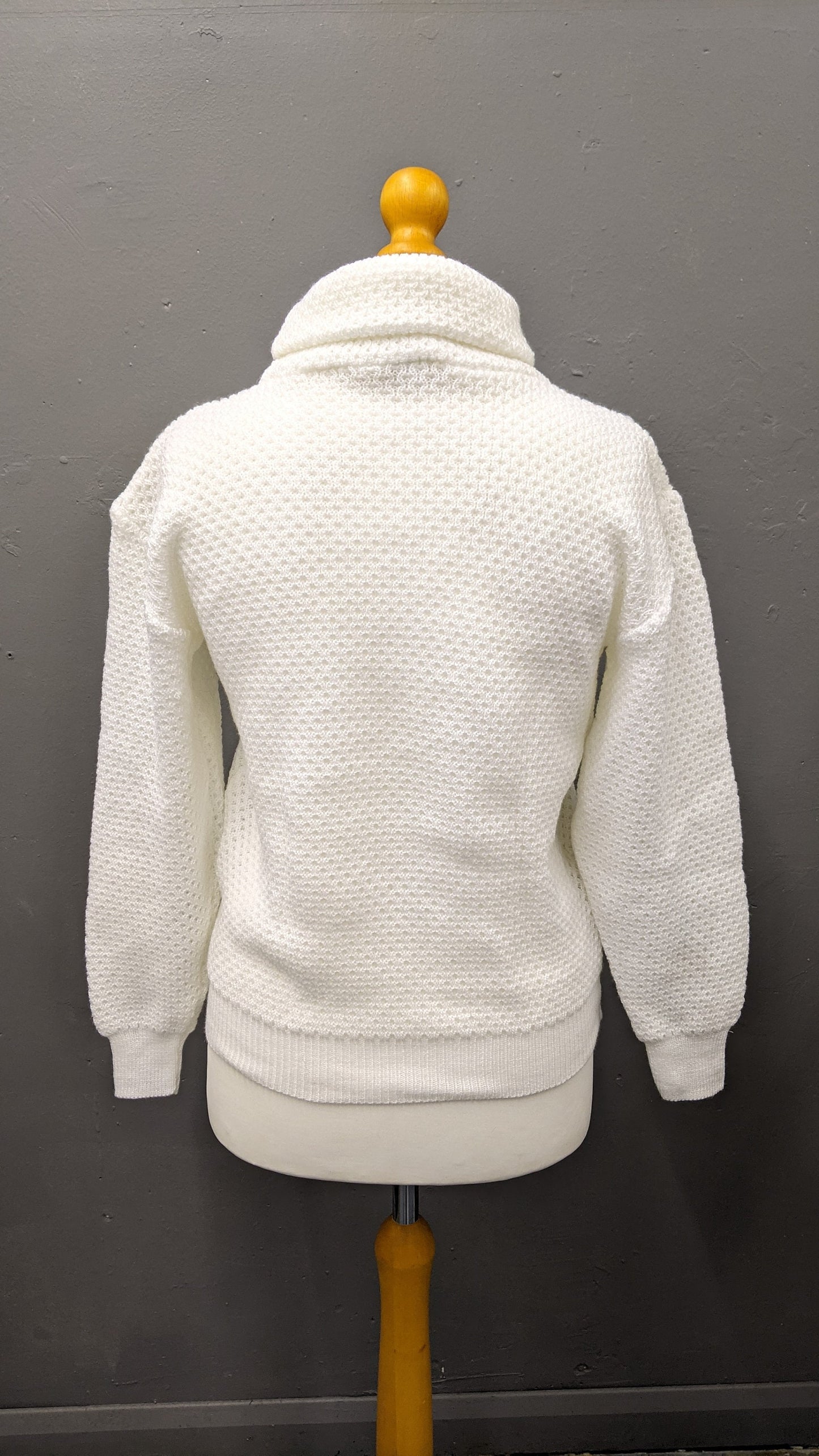 80s Snowy White Polo Neck Sweater, Cable Knit Jumper, Size Medium