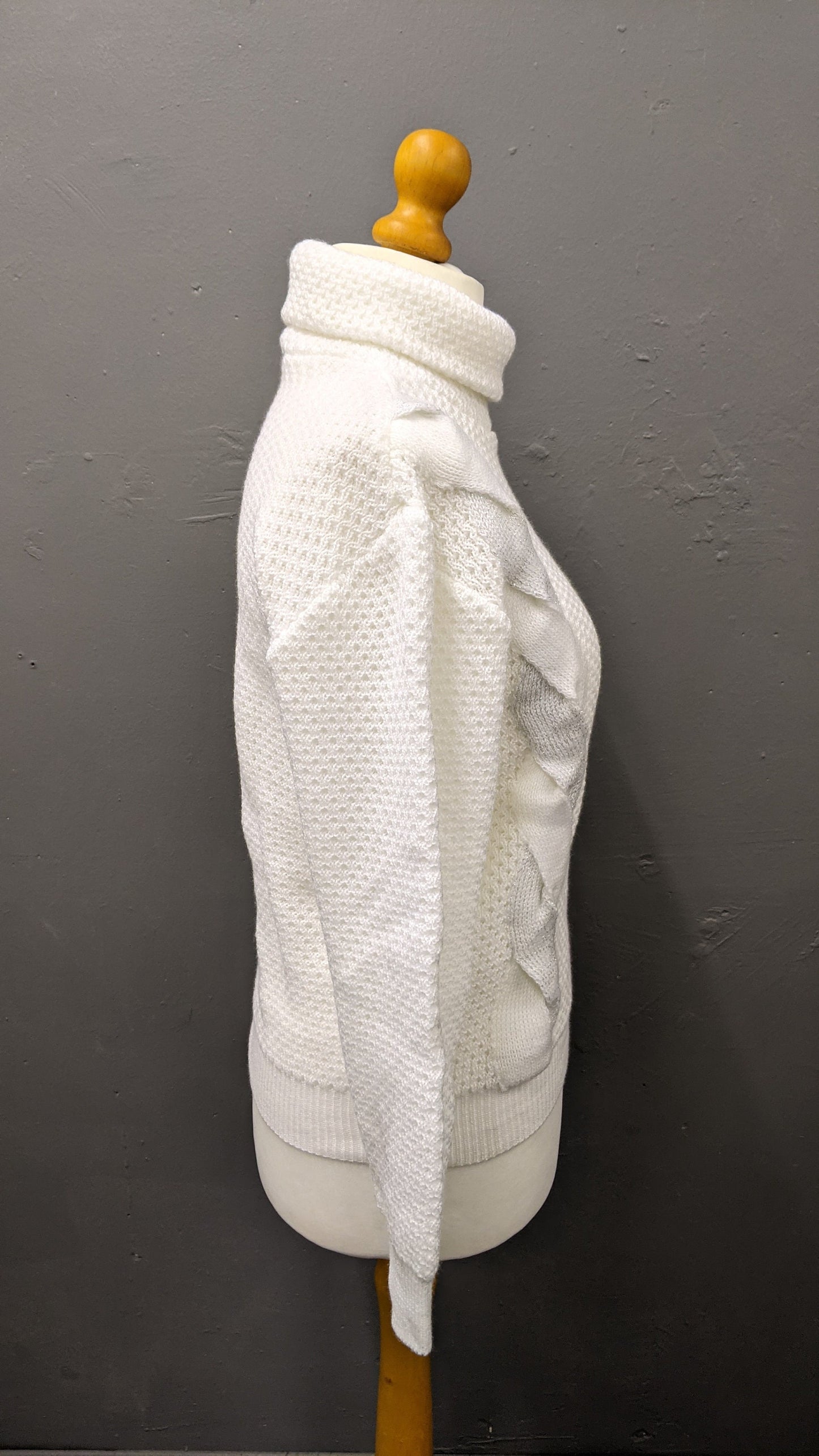 80s Snowy White Polo Neck Sweater, Cable Knit Jumper, Size Medium