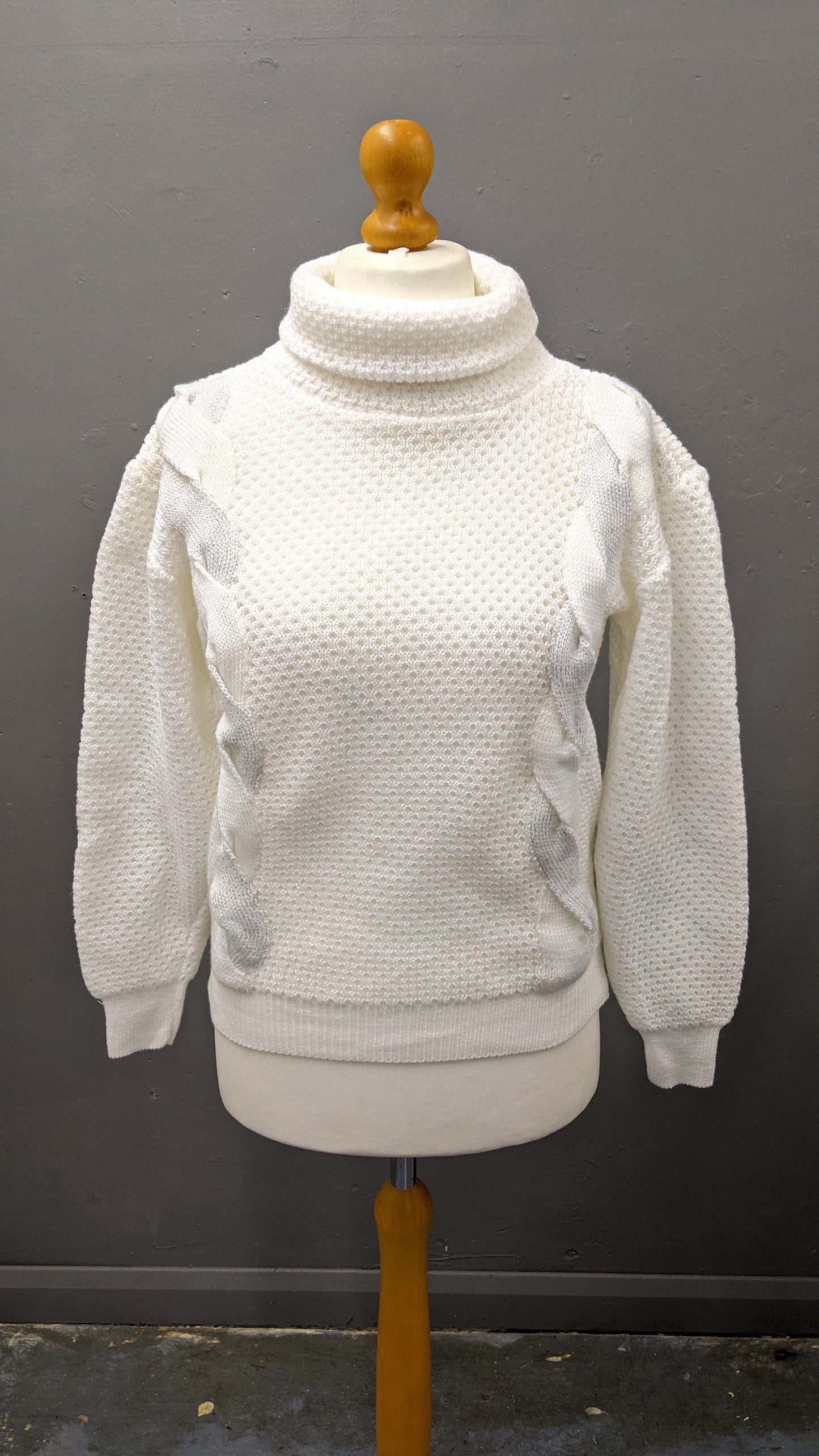 80s Snowy White Polo Neck Sweater, Cable Knit Jumper, Size Medium