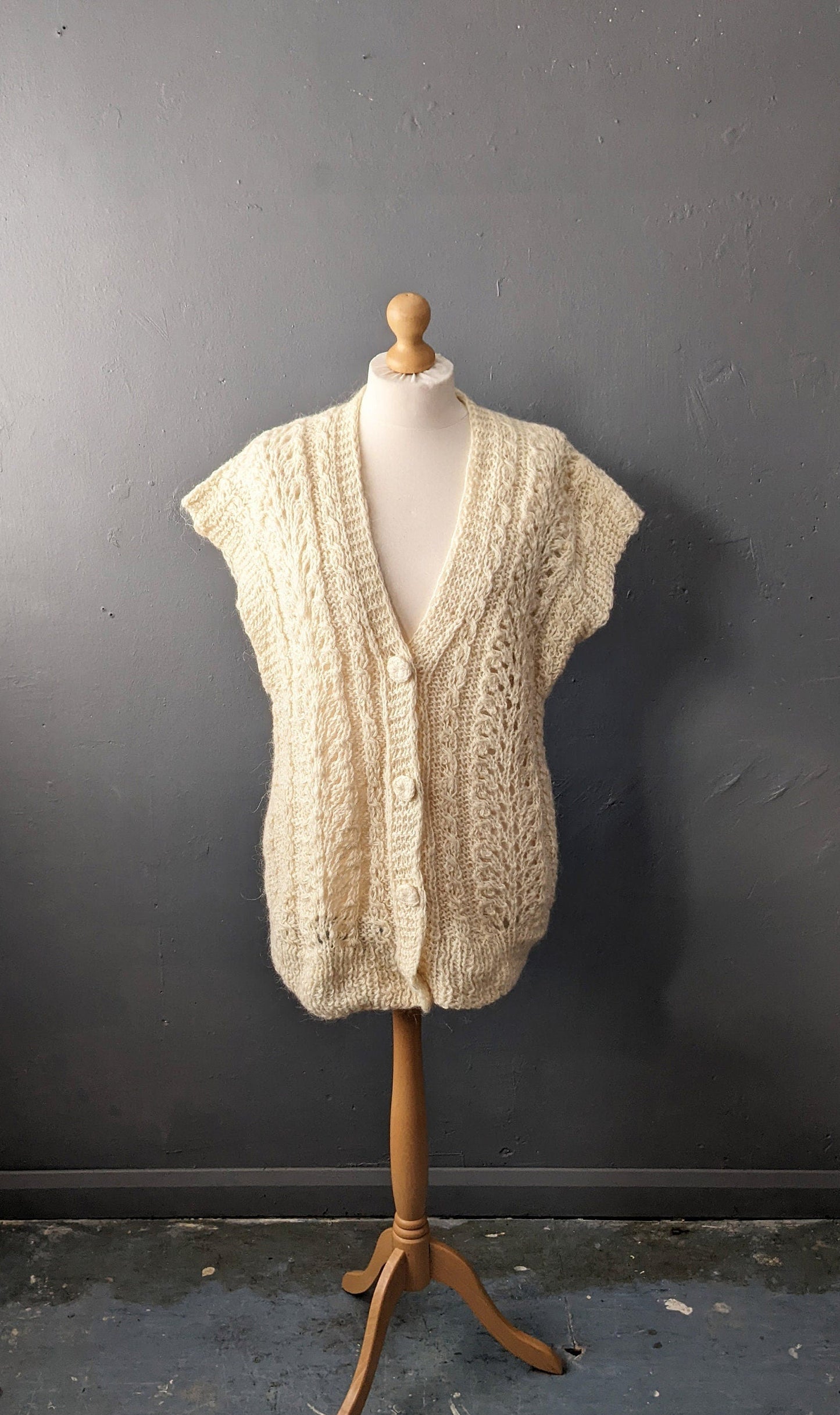 Cream White Cardigan Vest, Vintage Oversized Knit, XL to Plus Size