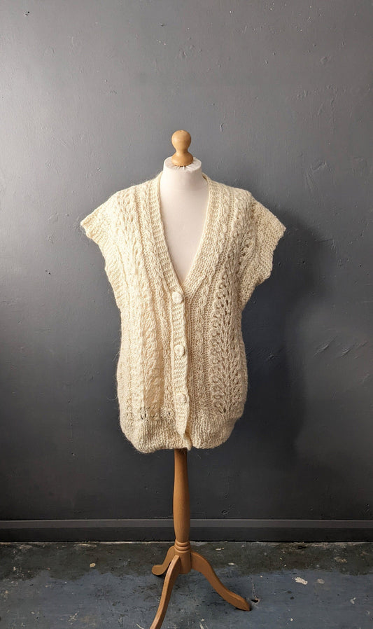 Cream White Cardigan Vest, Vintage Oversized Knit, XL to Plus Size