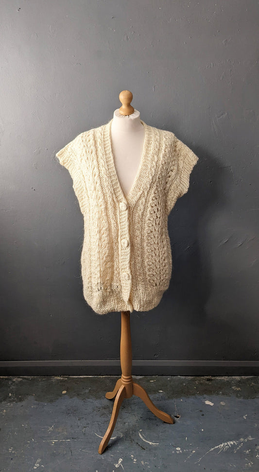 Cream White Cardigan Vest, Vintage Oversized Knit, XL to Plus Size