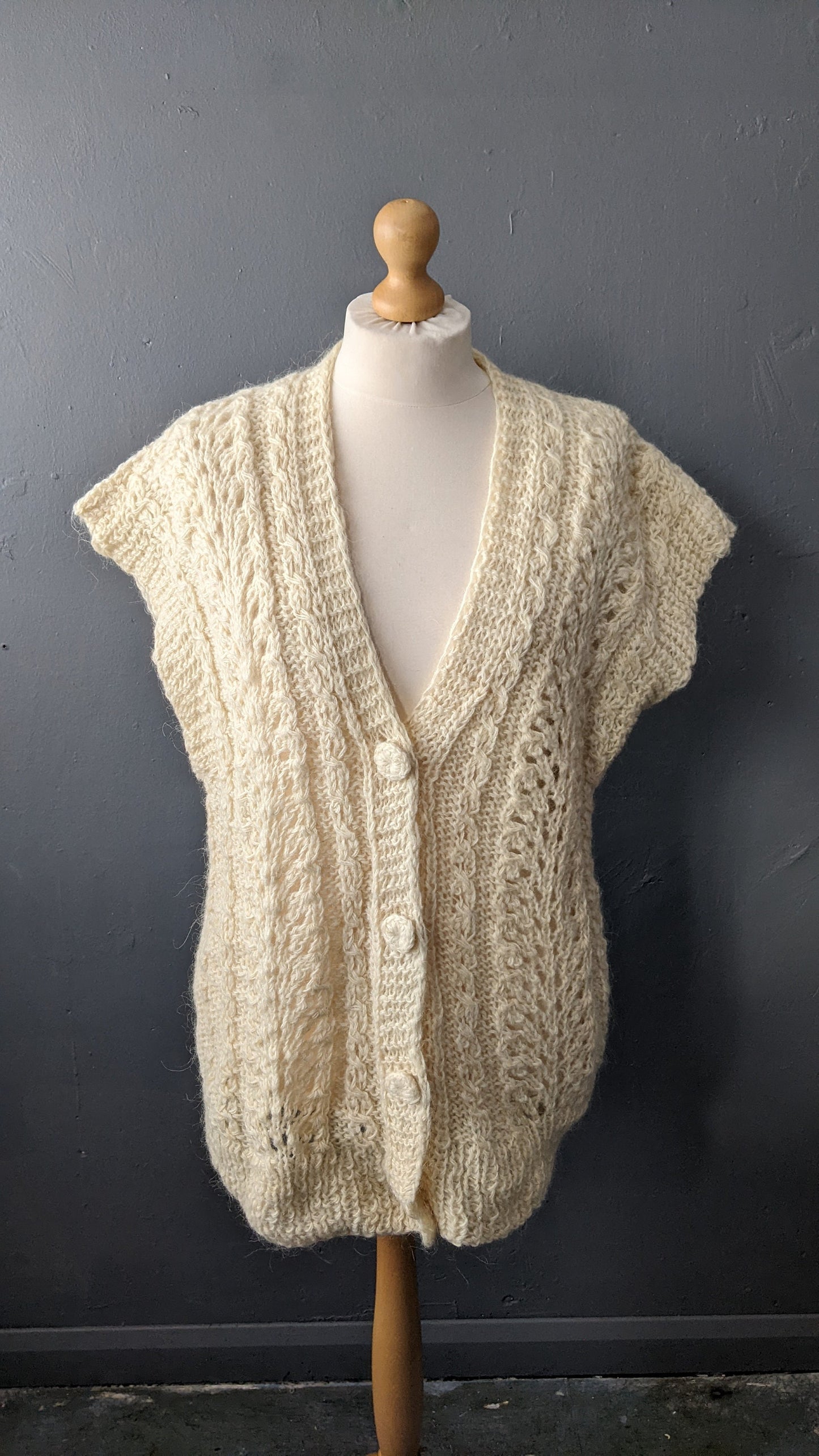 Cream White Cardigan Vest, Vintage Oversized Knit, XL to Plus Size