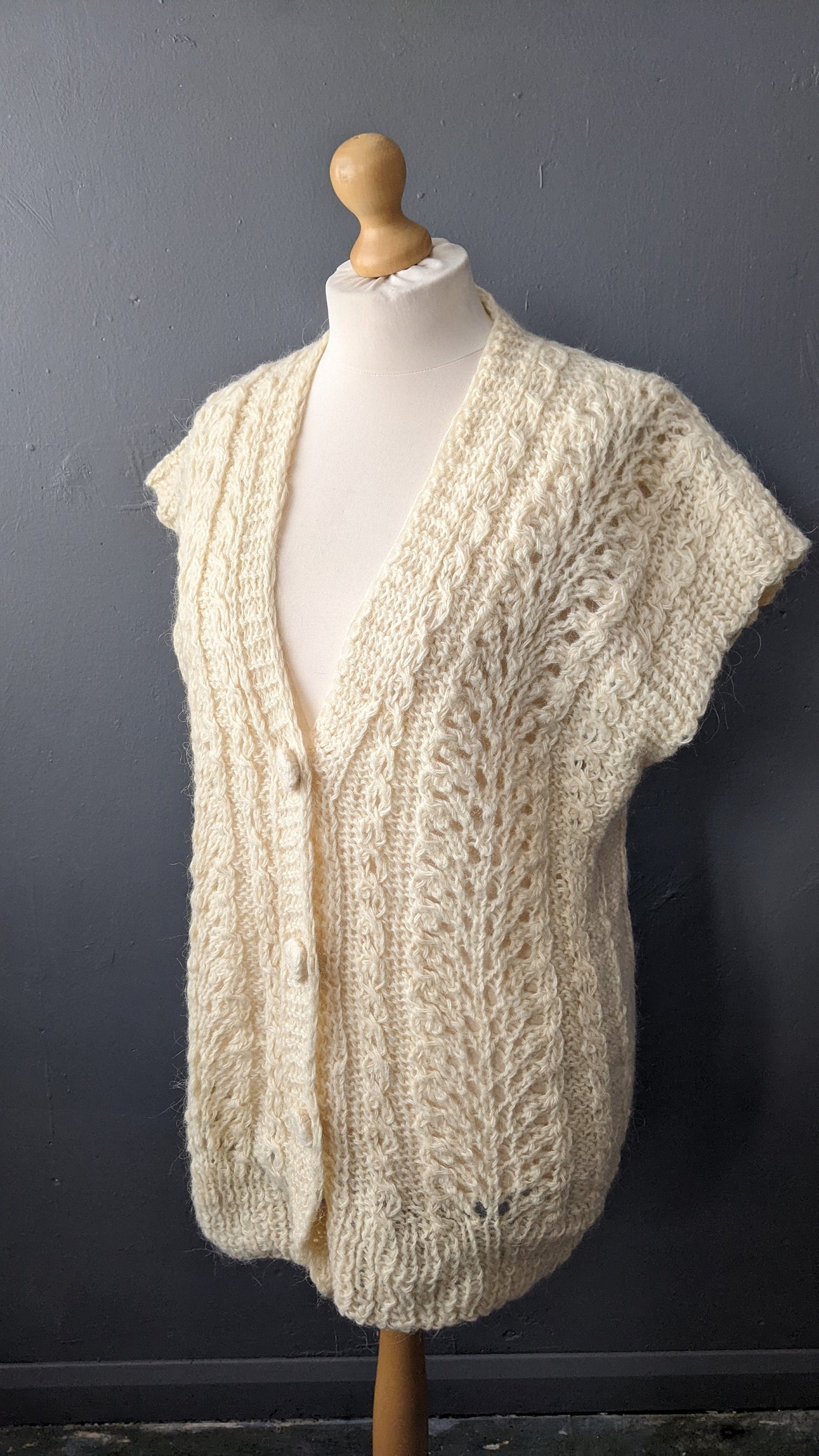 Cream White Cardigan Vest, Vintage Oversized Knit, XL to Plus Size