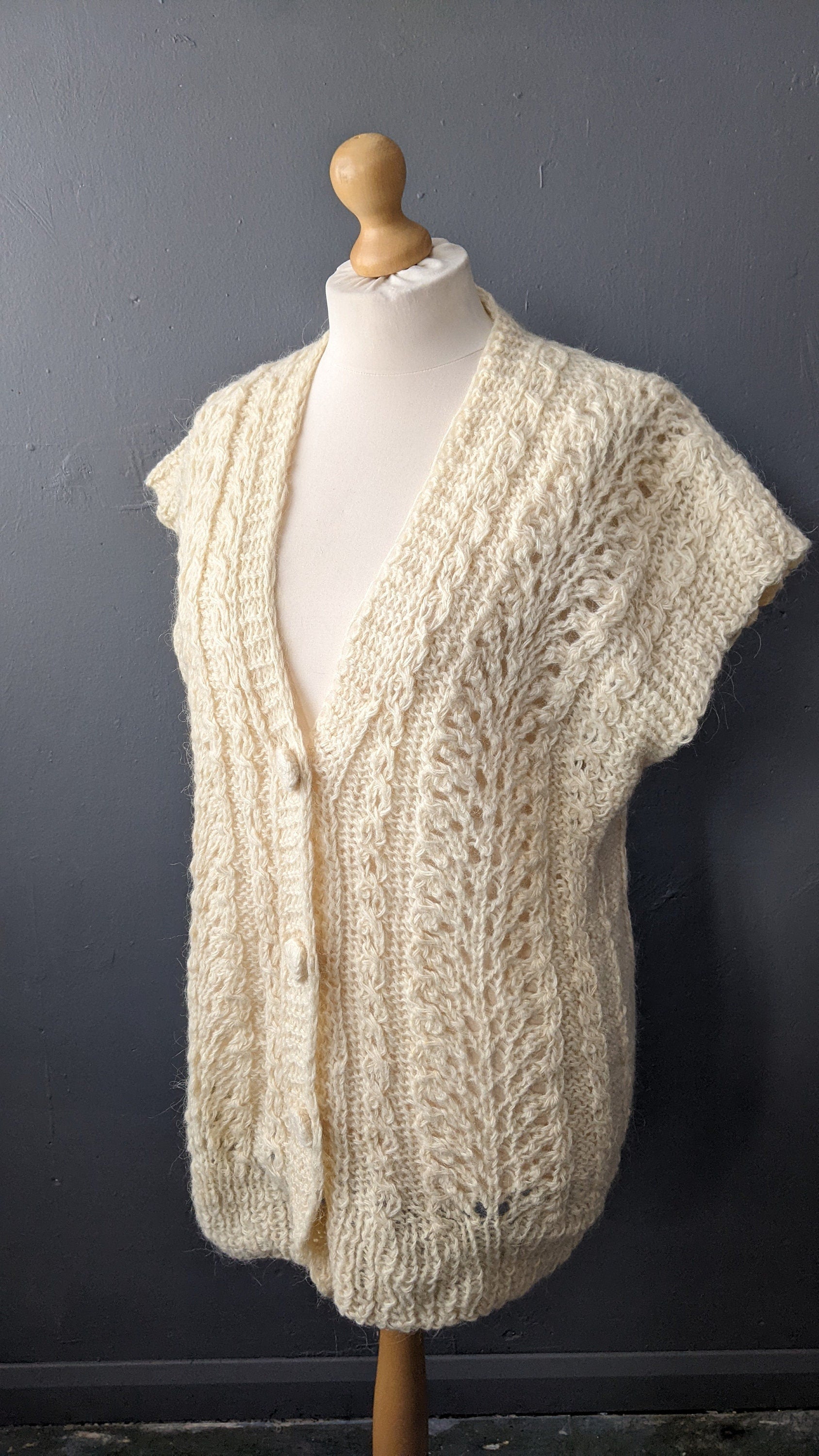 Cream White Cardigan Vest, Vintage Oversized Knit, XL to Plus Size