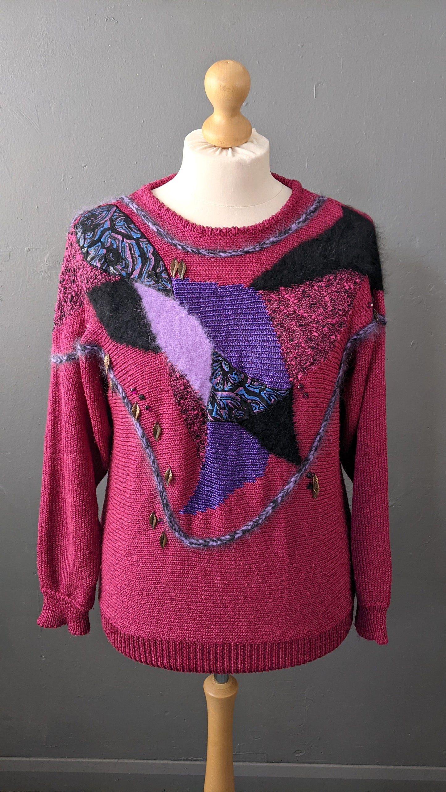 Kitsch 80s Magenta Sweater, Eighties Party Embellished Jumper, Size Medium