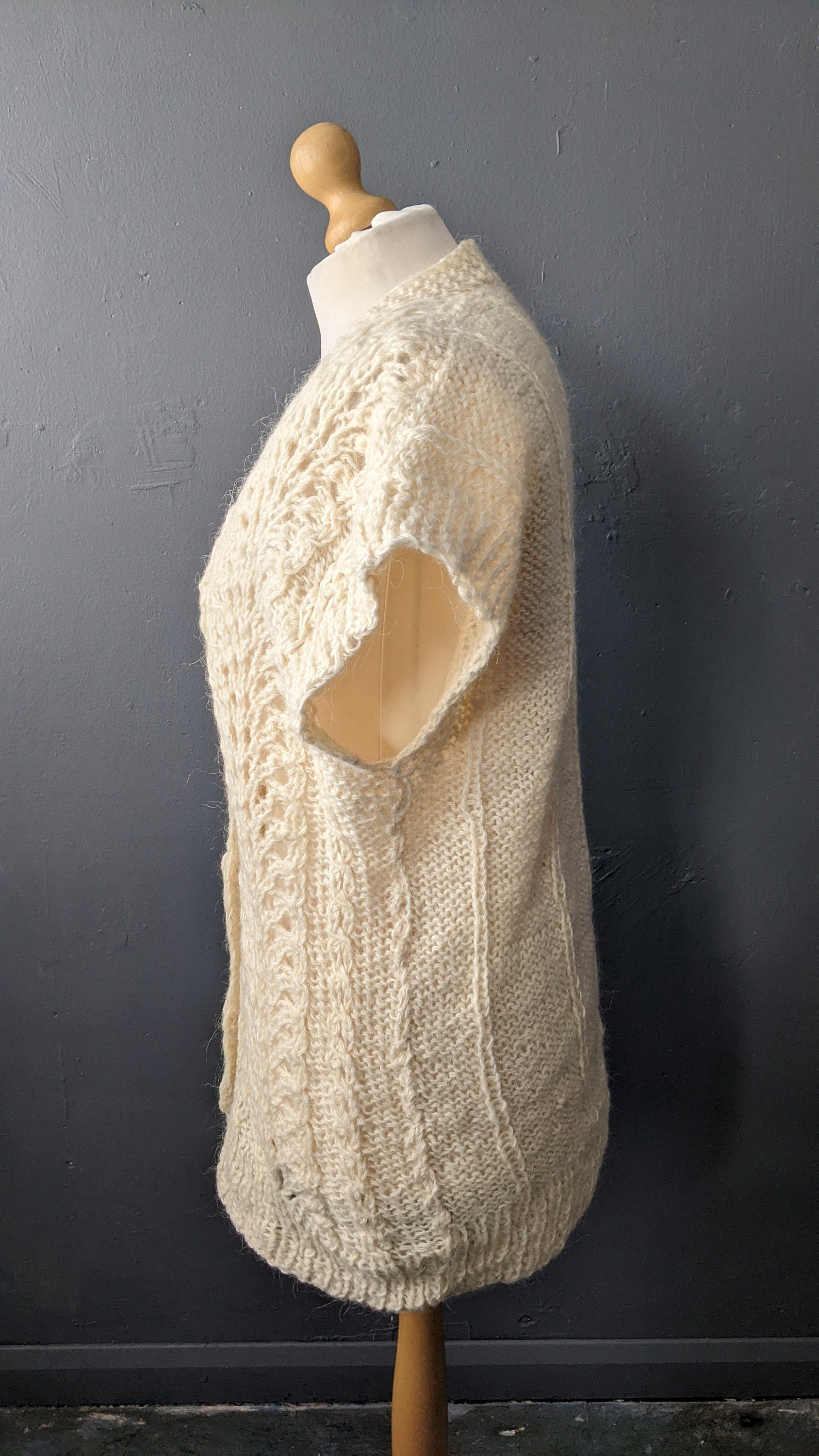 Cream White Cardigan Vest, Vintage Oversized Knit, XL to Plus Size