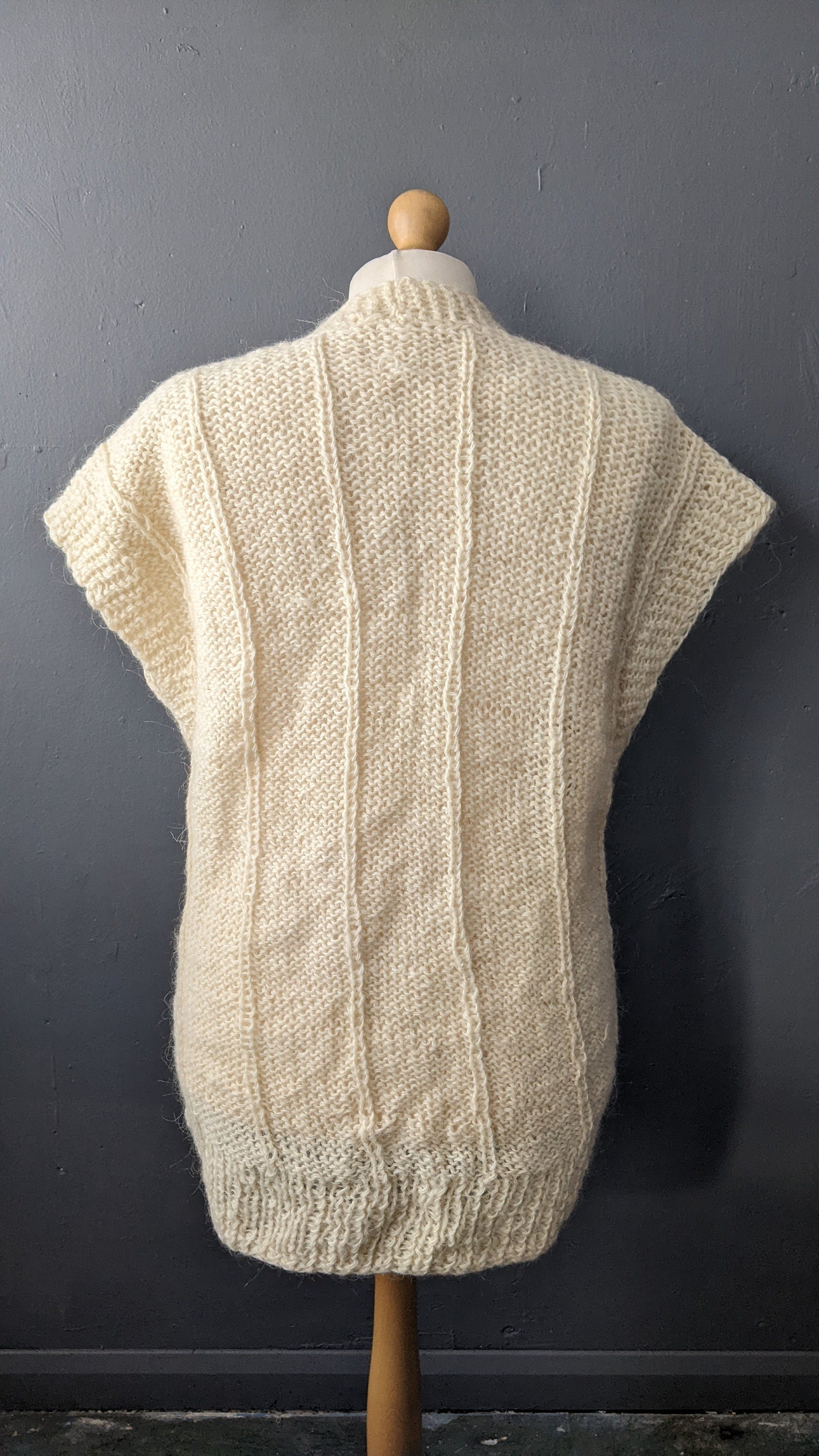 Cream White Cardigan Vest, Vintage Oversized Knit, XL to Plus Size