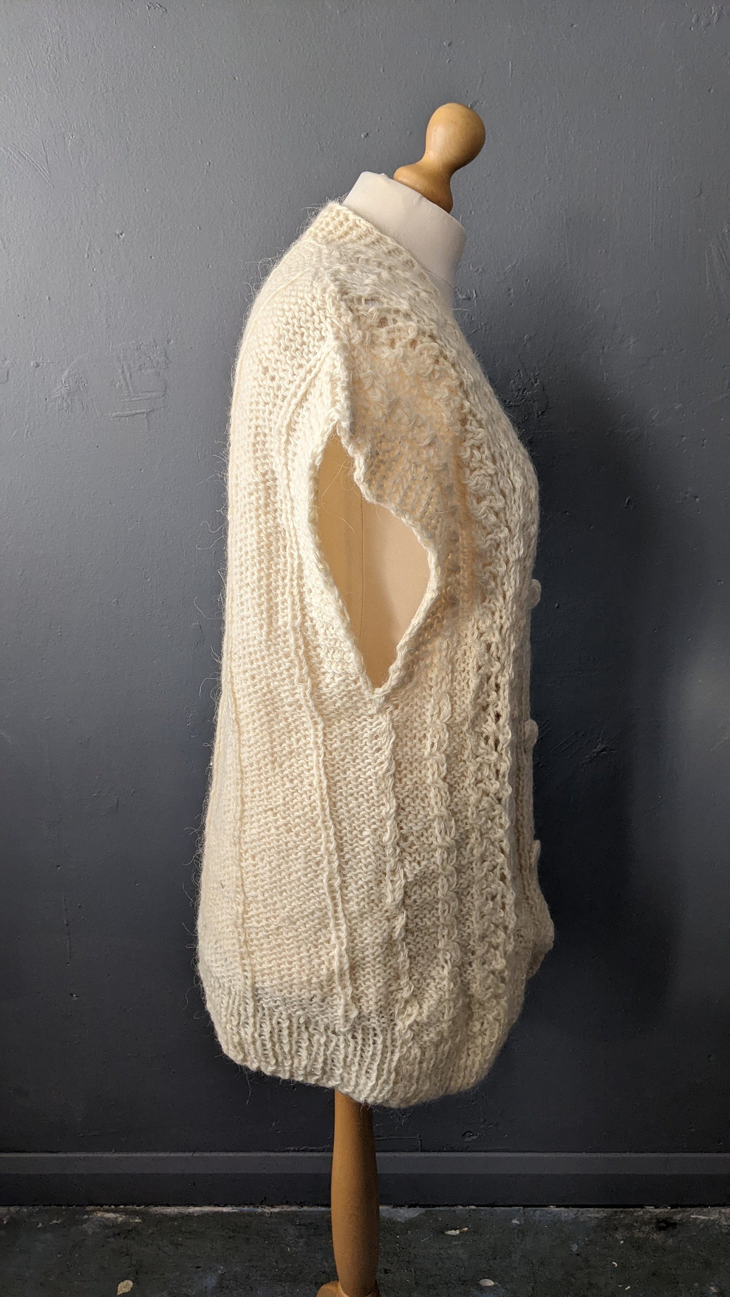 Cream White Cardigan Vest, Vintage Oversized Knit, XL to Plus Size