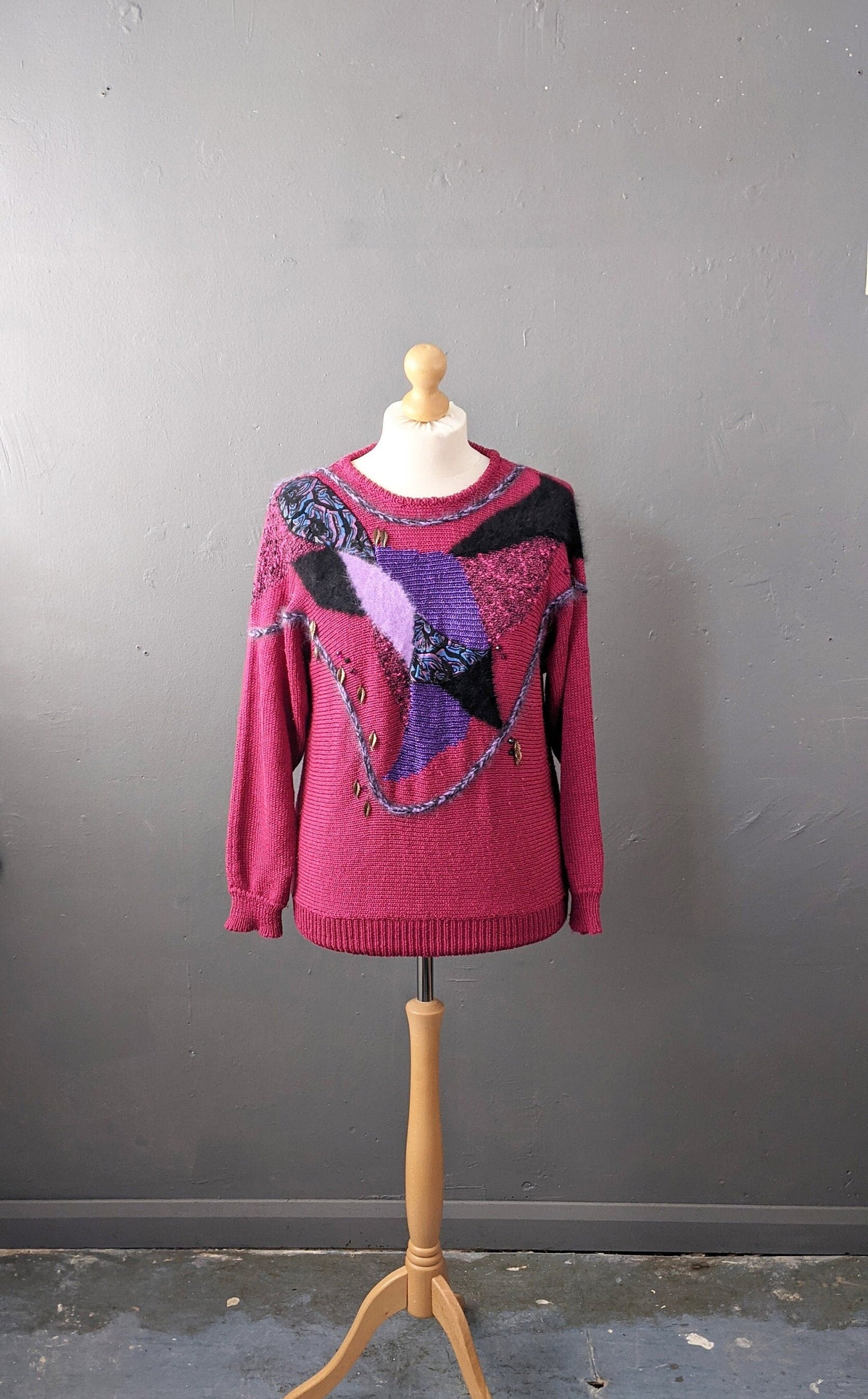 Kitsch 80s Magenta Sweater, Eighties Party Embellished Jumper, Size Medium
