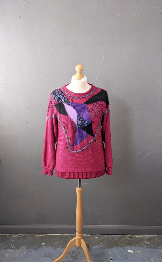 Kitsch 80s Magenta Sweater, Eighties Party Embellished Jumper, Size Medium