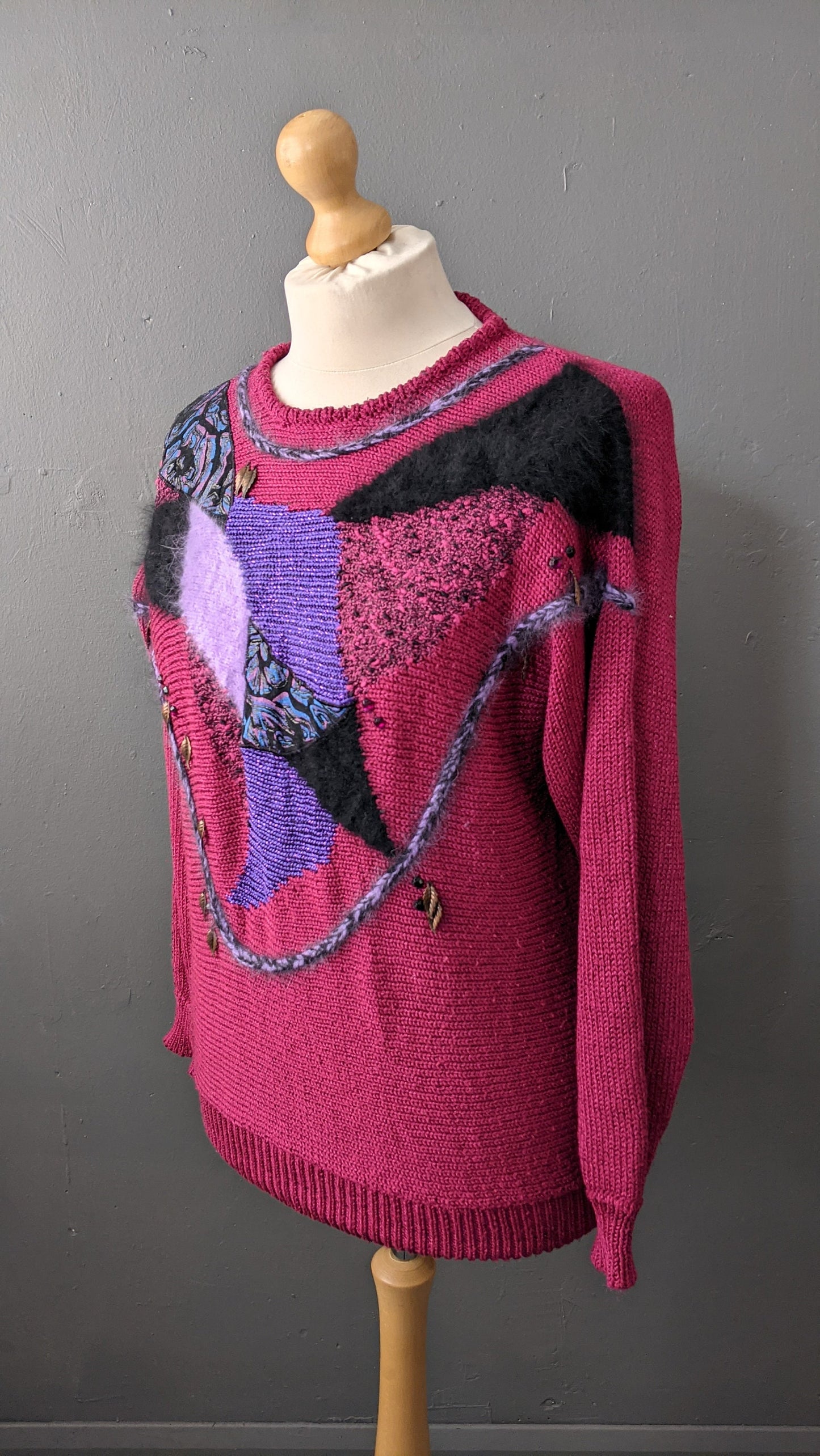 Kitsch 80s Magenta Sweater, Eighties Party Embellished Jumper, Size Medium