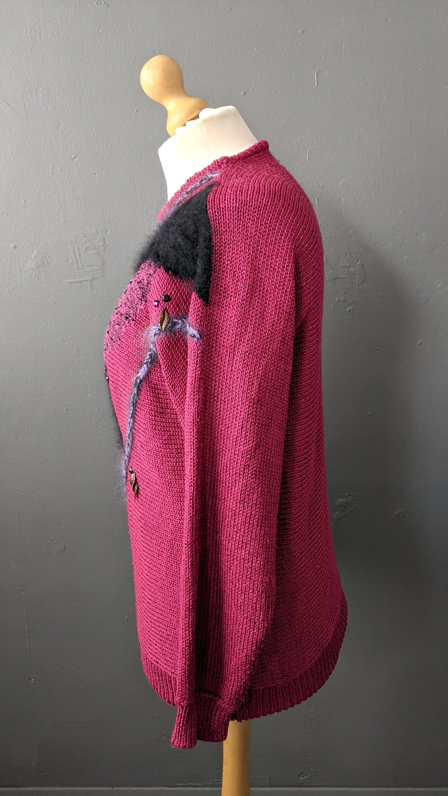 Kitsch 80s Magenta Sweater, Eighties Party Embellished Jumper, Size Medium