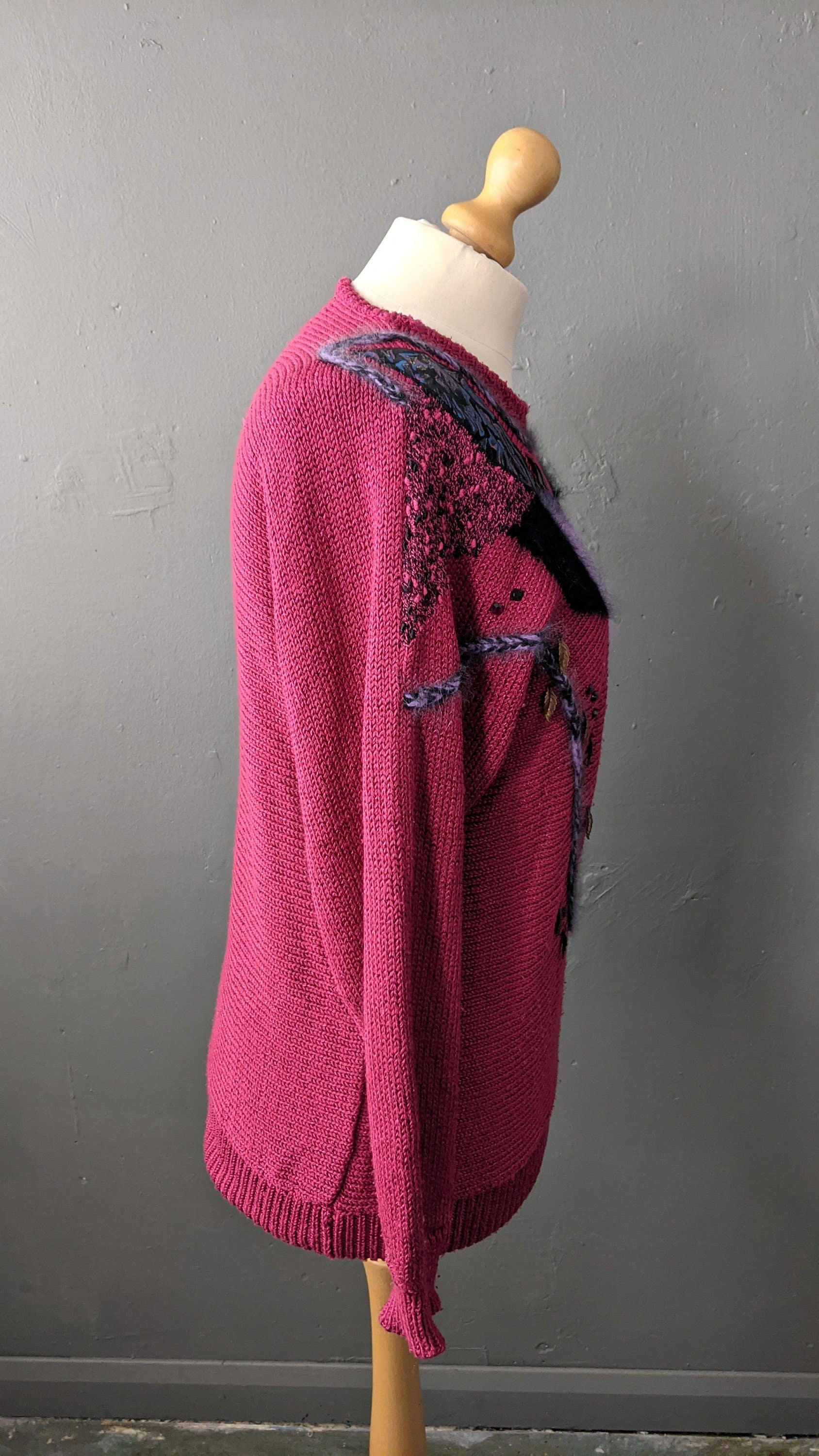 Kitsch 80s Magenta Sweater, Eighties Party Embellished Jumper, Size Medium
