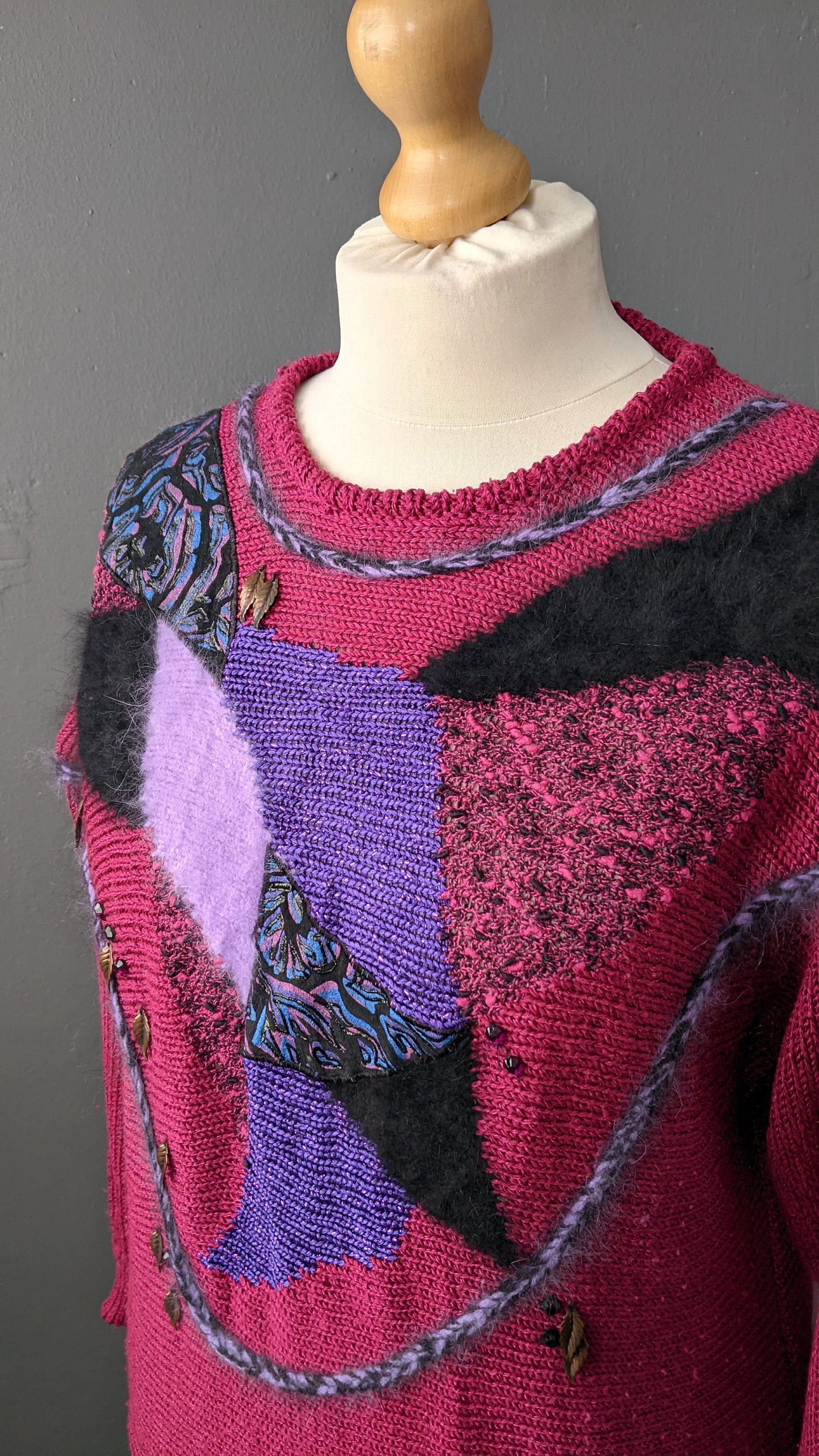 Kitsch 80s Magenta Sweater, Eighties Party Embellished Jumper, Size Medium