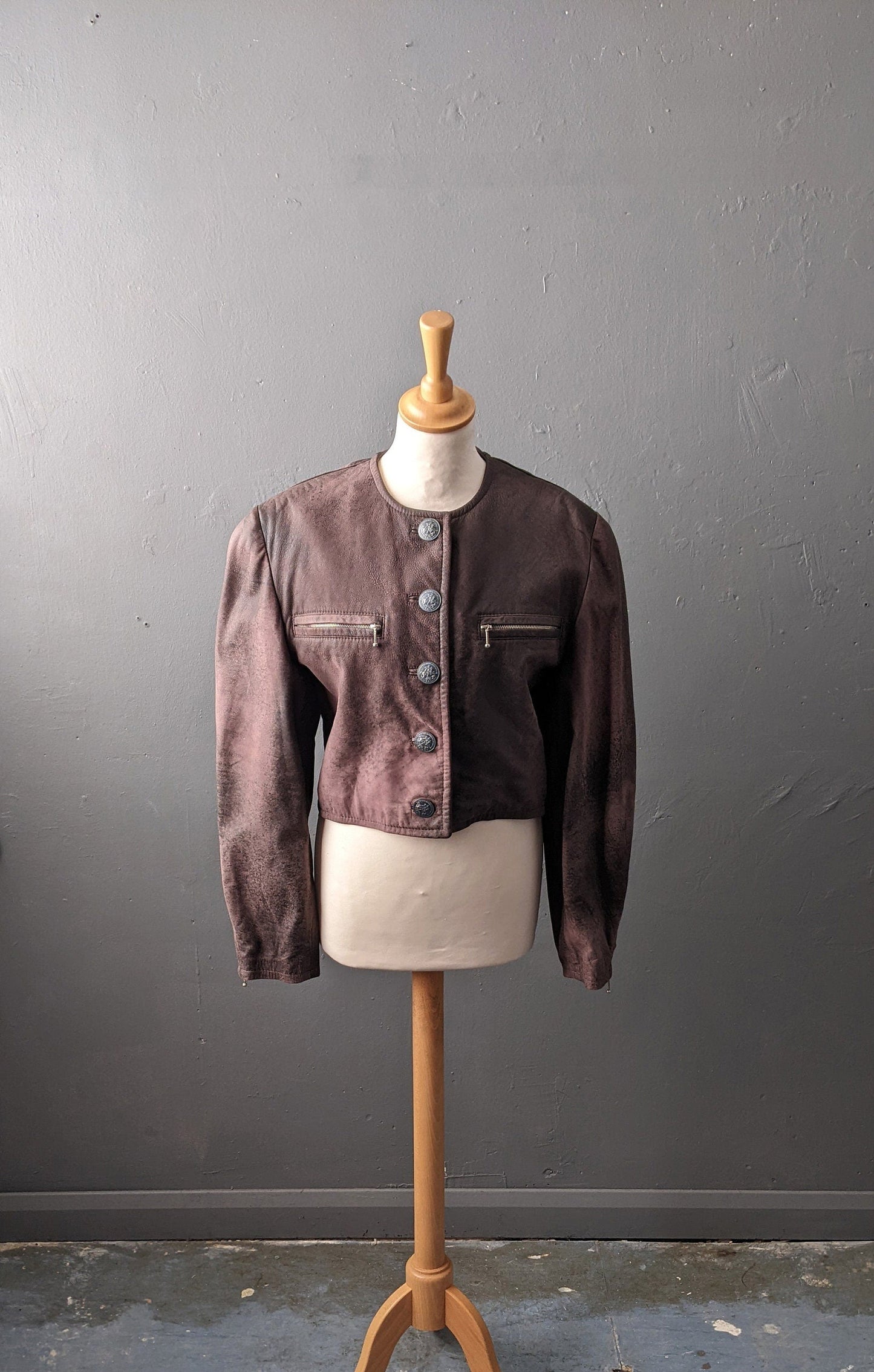 Cropped Leather Jacket with Distressed Finish, Vintage 80s Bolero, Size Small