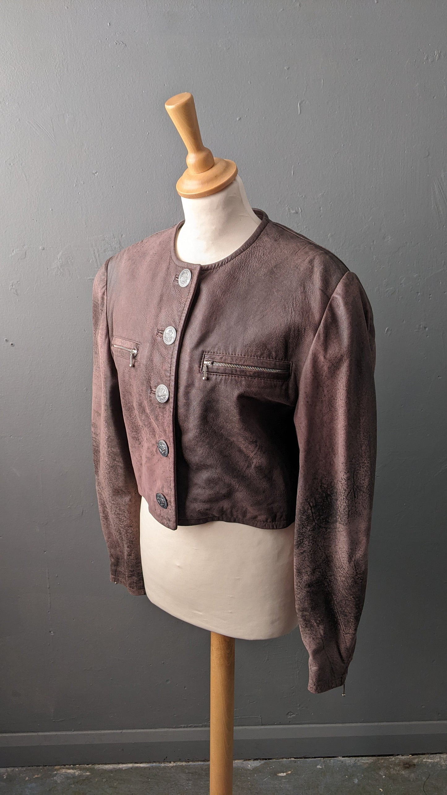 Cropped Leather Jacket with Distressed Finish, Vintage 80s Bolero, Size Small