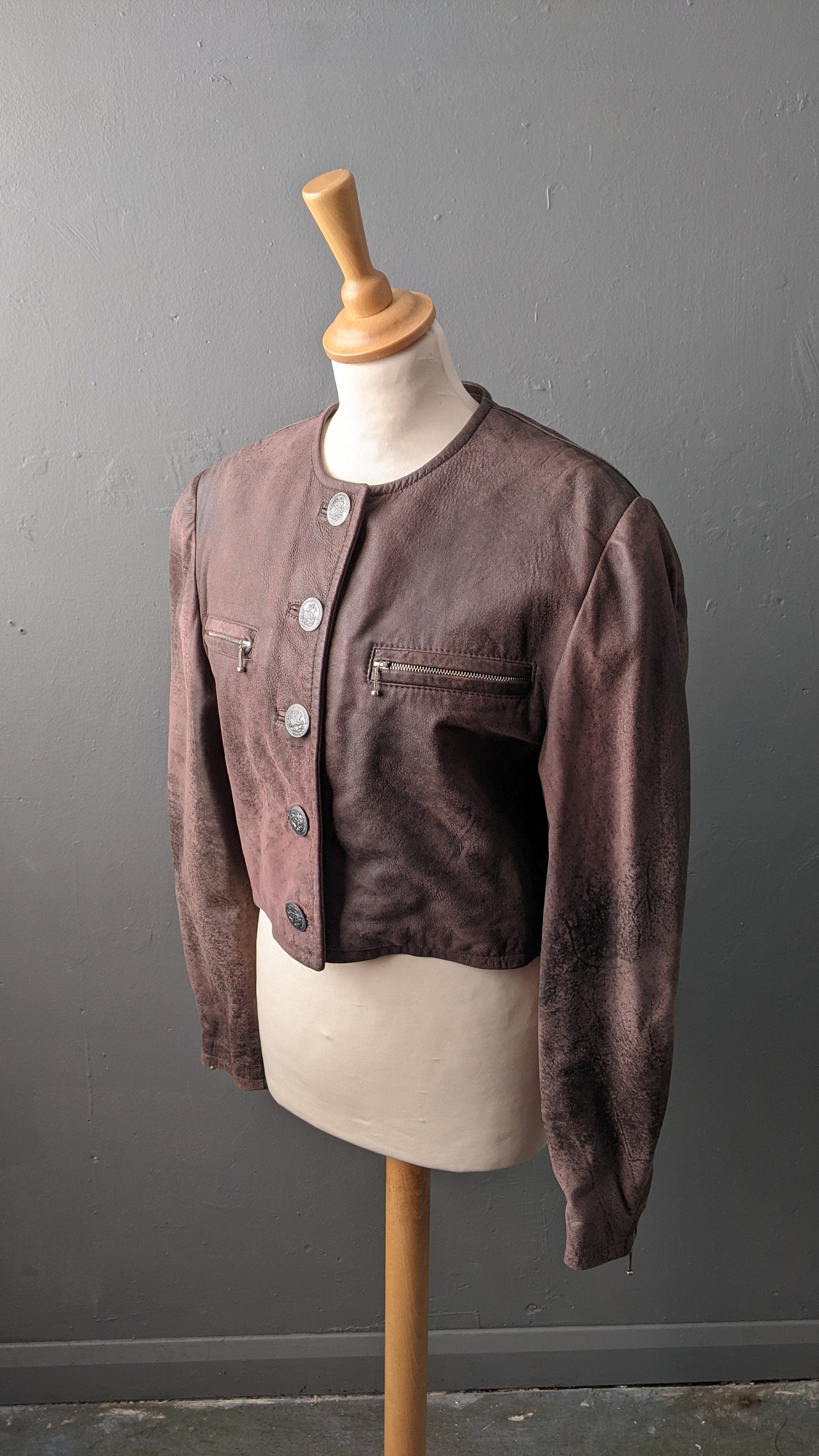 Cropped Leather Jacket with Distressed Finish, Vintage 80s Bolero, Size Small