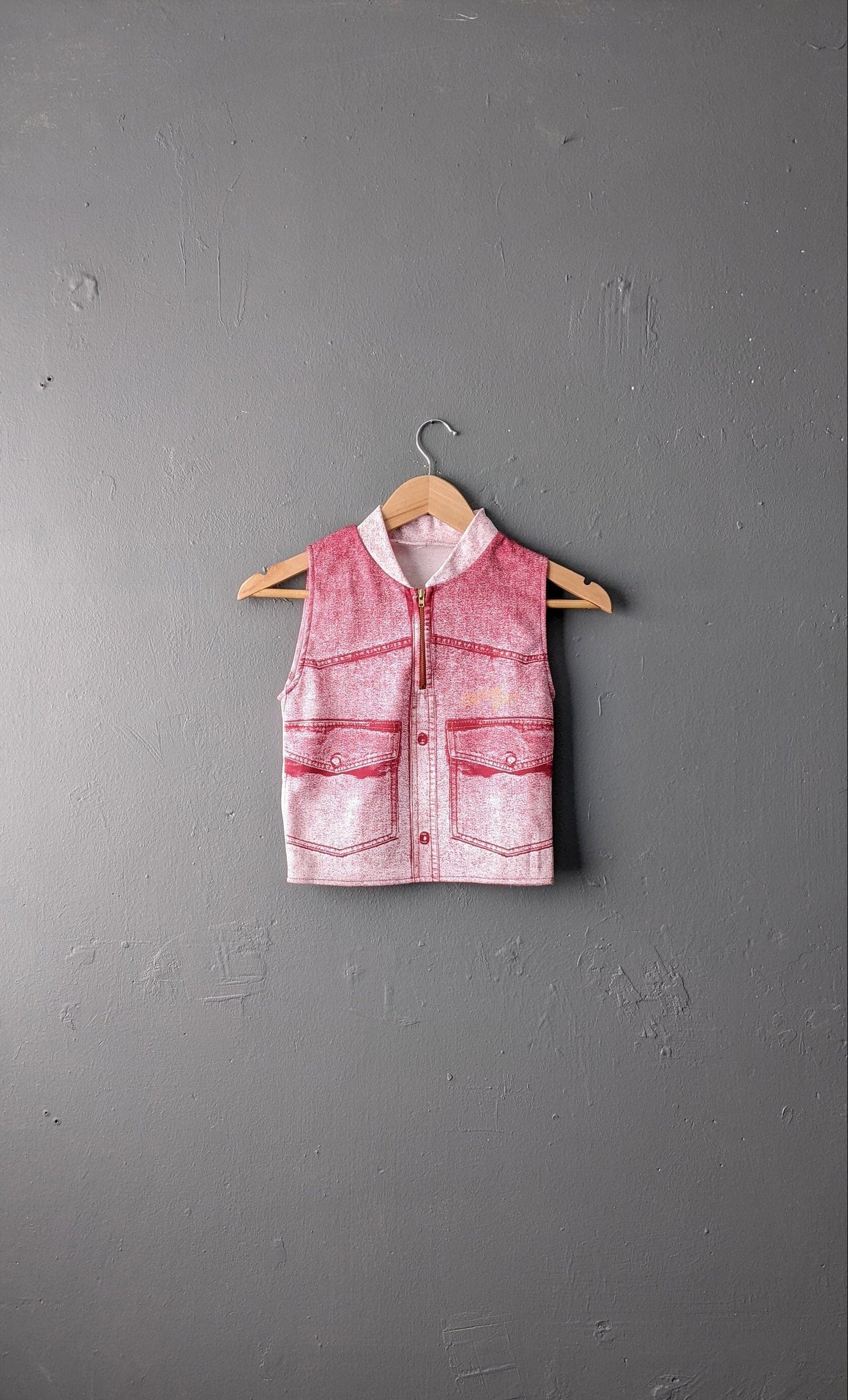 Denim Print Crop Top, Upcycled Cycling Jersey Activewear, Yoga Eco Fashion, Size Petite