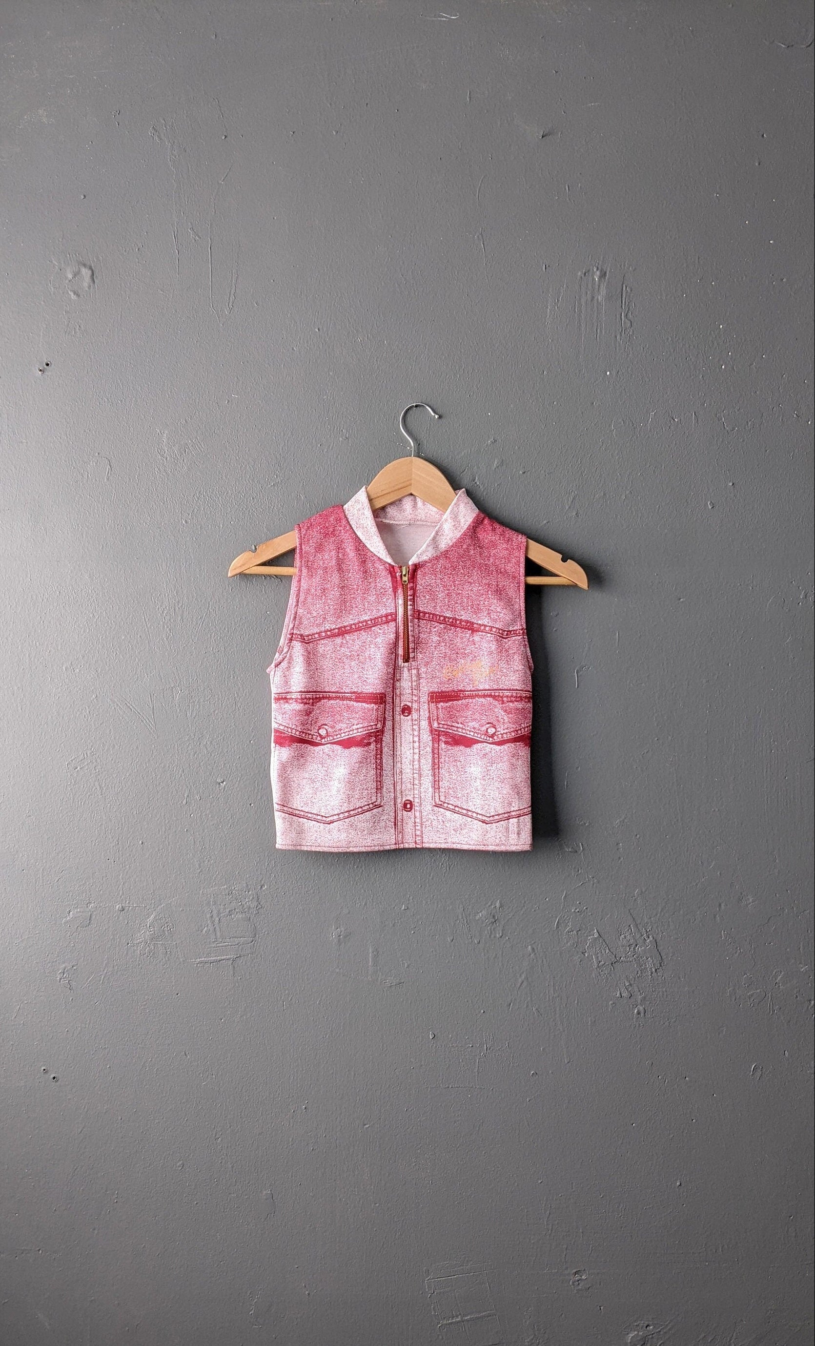 Denim Print Crop Top, Upcycled Cycling Jersey Activewear, Yoga Eco Fashion, Size Petite
