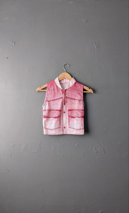 Denim Print Crop Top, Upcycled Cycling Jersey Activewear, Yoga Eco Fashion, Size Petite