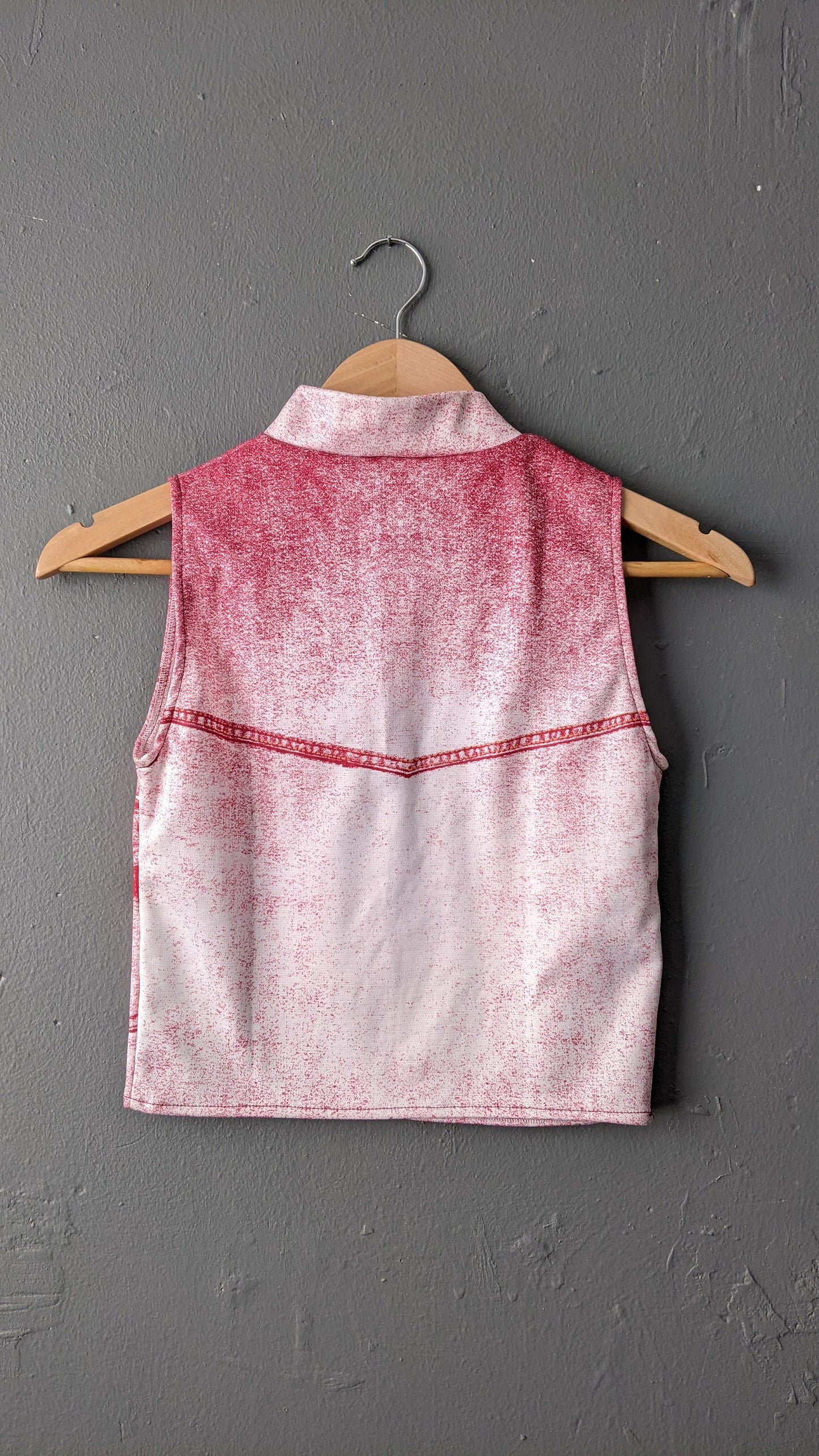 Denim Print Crop Top, Upcycled Cycling Jersey Activewear, Yoga Eco Fashion, Size Petite