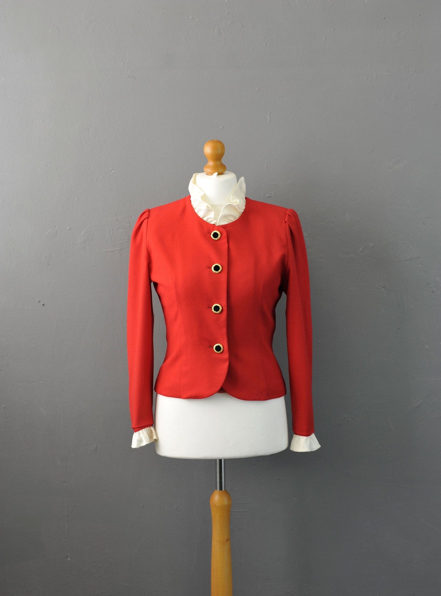 90s Fitted Wool Jacket, Dress Blazer with Ruffle Collar, Size Medium
