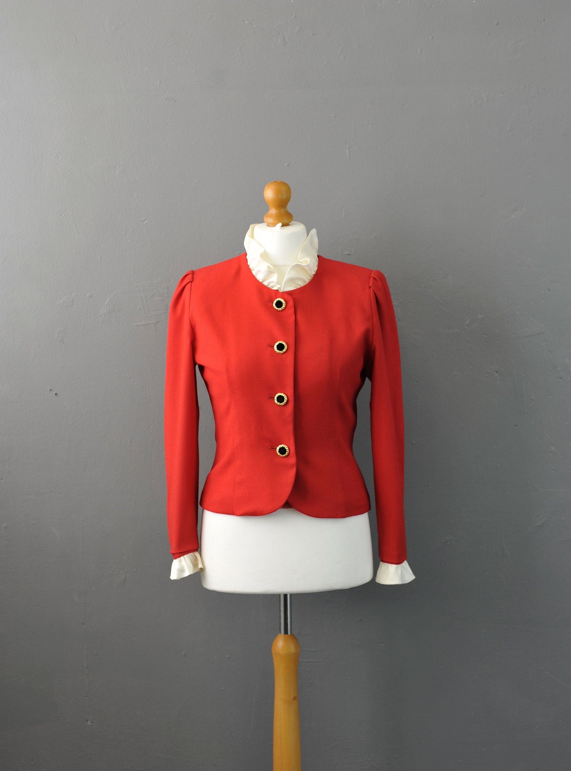 90s Fitted Wool Jacket, Dress Blazer with Ruffle Collar, Size Medium