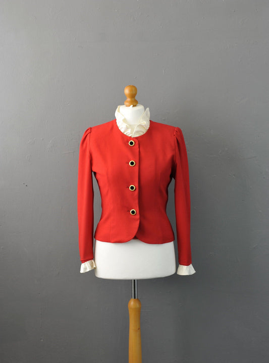 90s Fitted Wool Jacket, Dress Blazer with Ruffle Collar, Size Medium