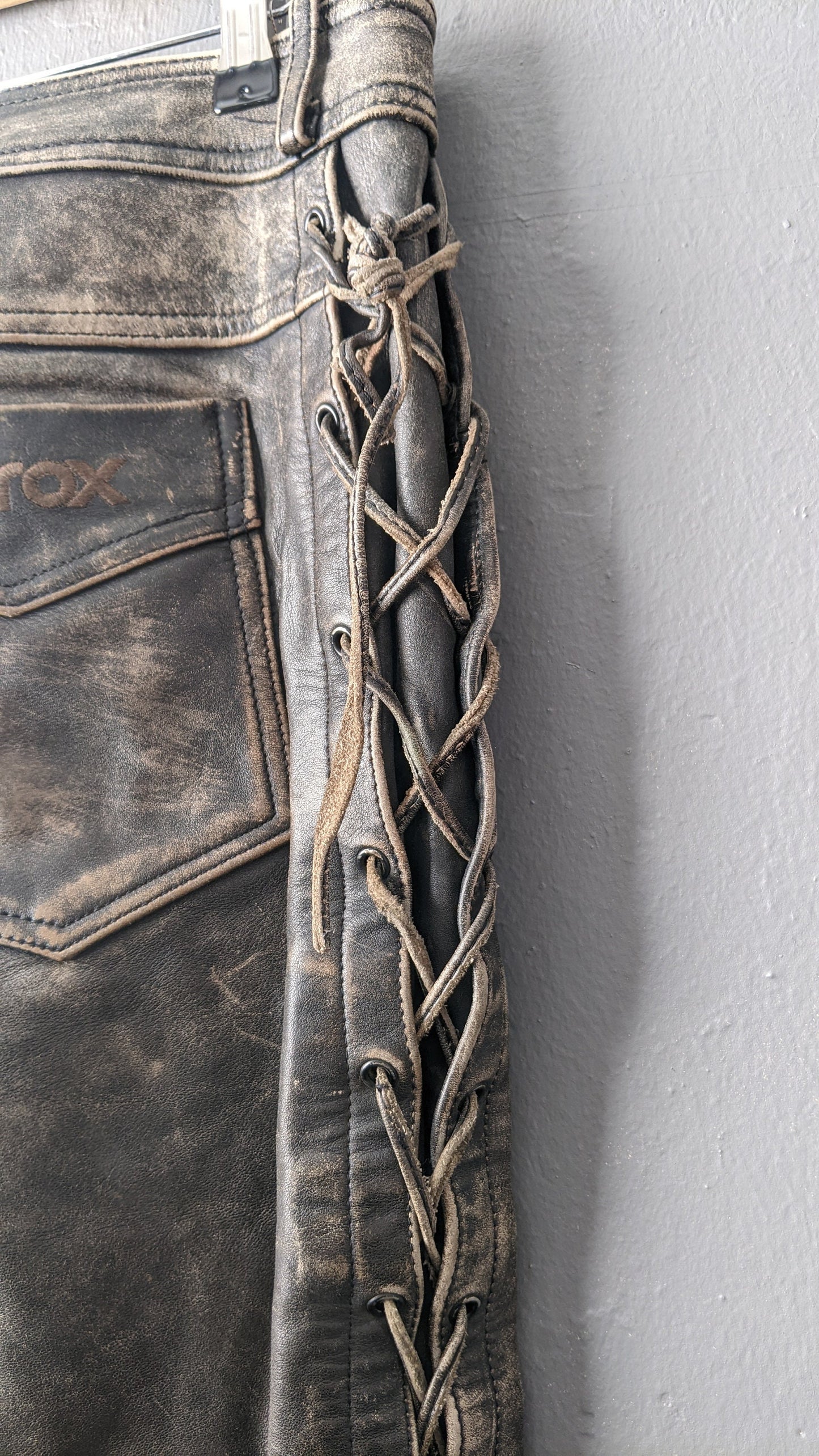 Mens Leather Motorcycle Trousers with Side Lacing, Post Apocalyptic Biker, 36 Waist