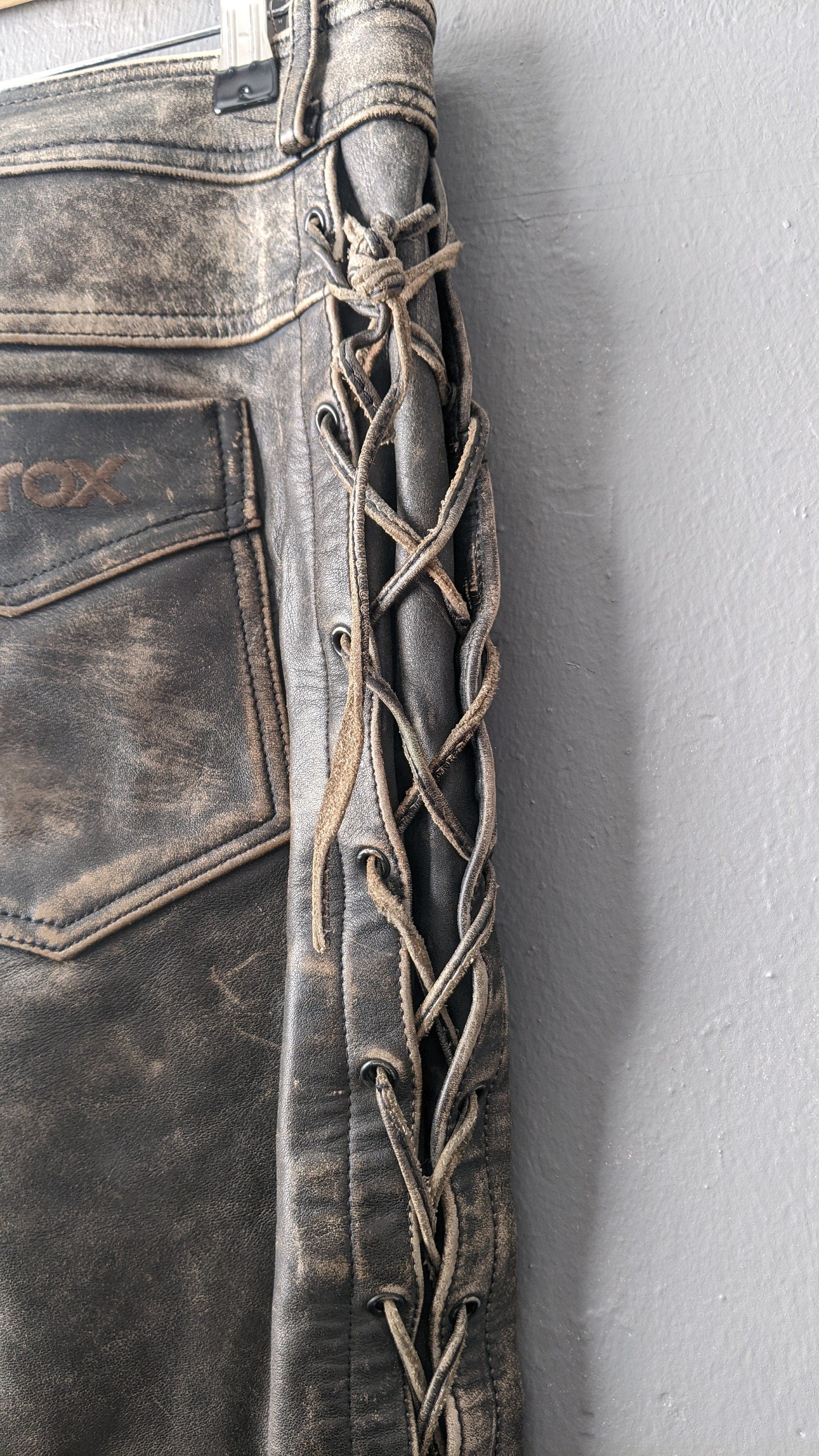 Mens Leather Motorcycle Trousers with Side Lacing, Post Apocalyptic Biker, 36 Waist