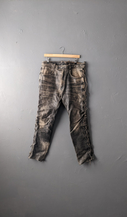 Mens Leather Motorcycle Trousers with Side Lacing, Post Apocalyptic Biker, 36 Waist