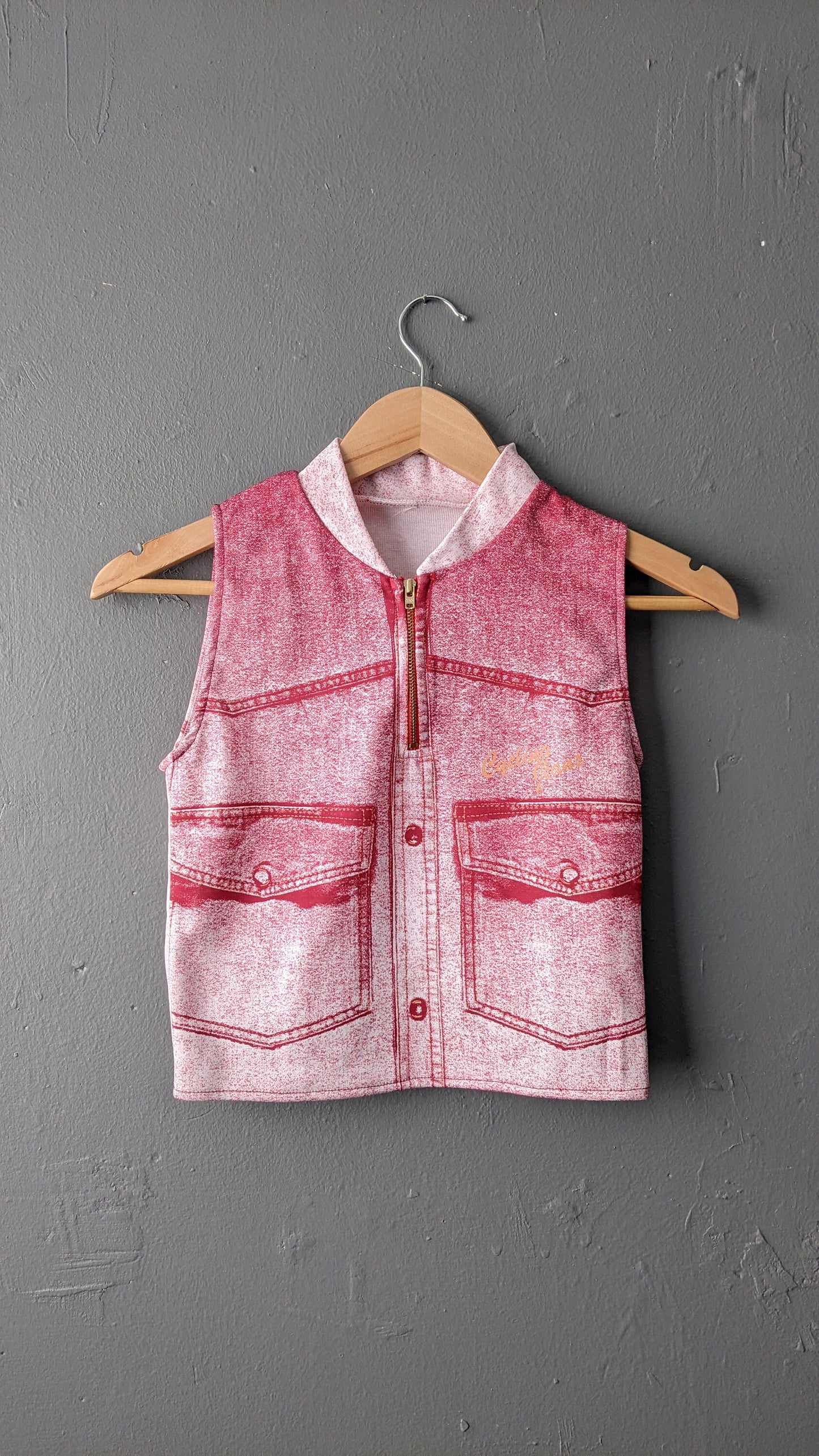 Denim Print Crop Top, Upcycled Cycling Jersey Activewear, Yoga Eco Fashion, Size Petite