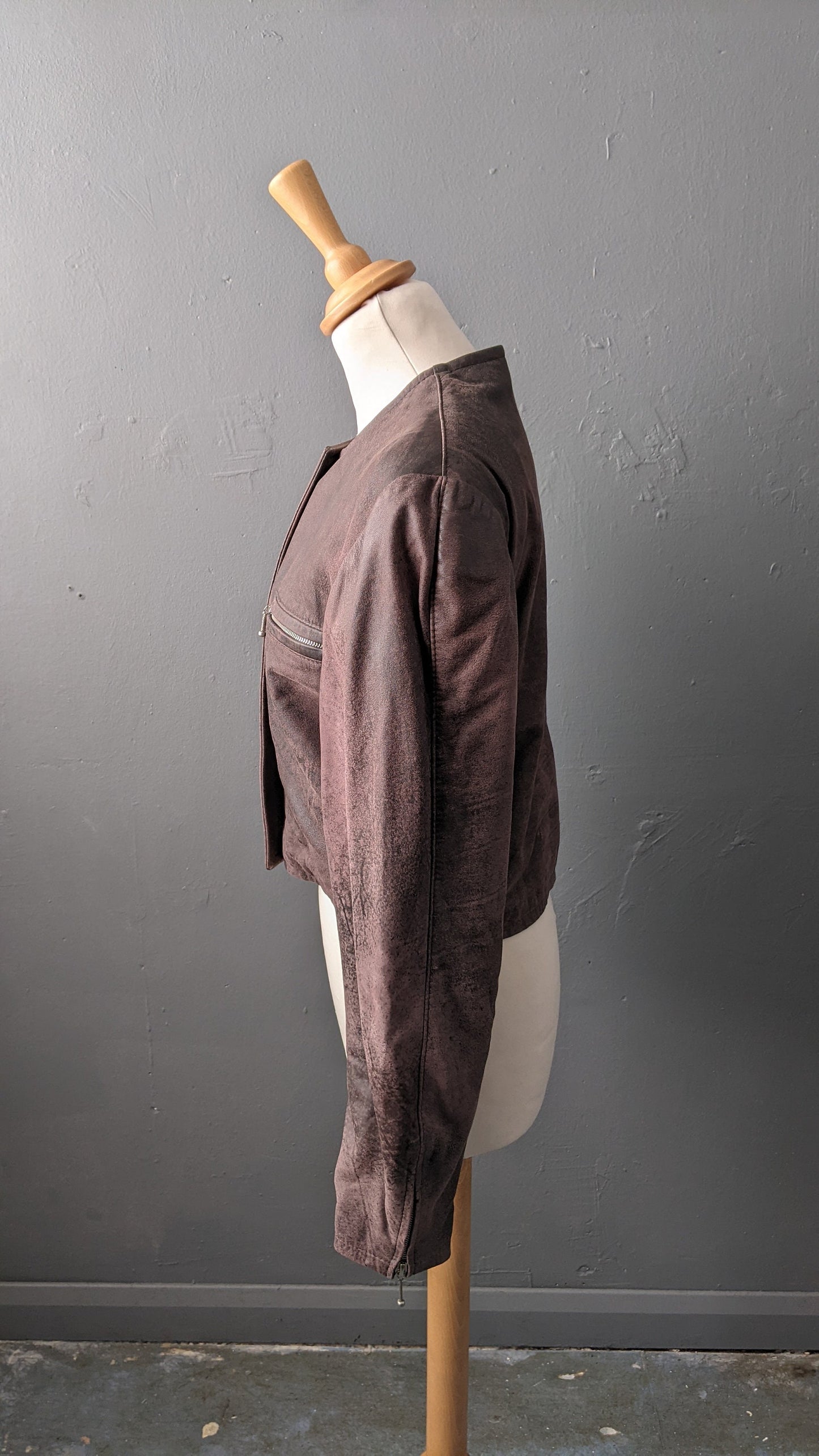 Cropped Leather Jacket with Distressed Finish, Vintage 80s Bolero, Size Small