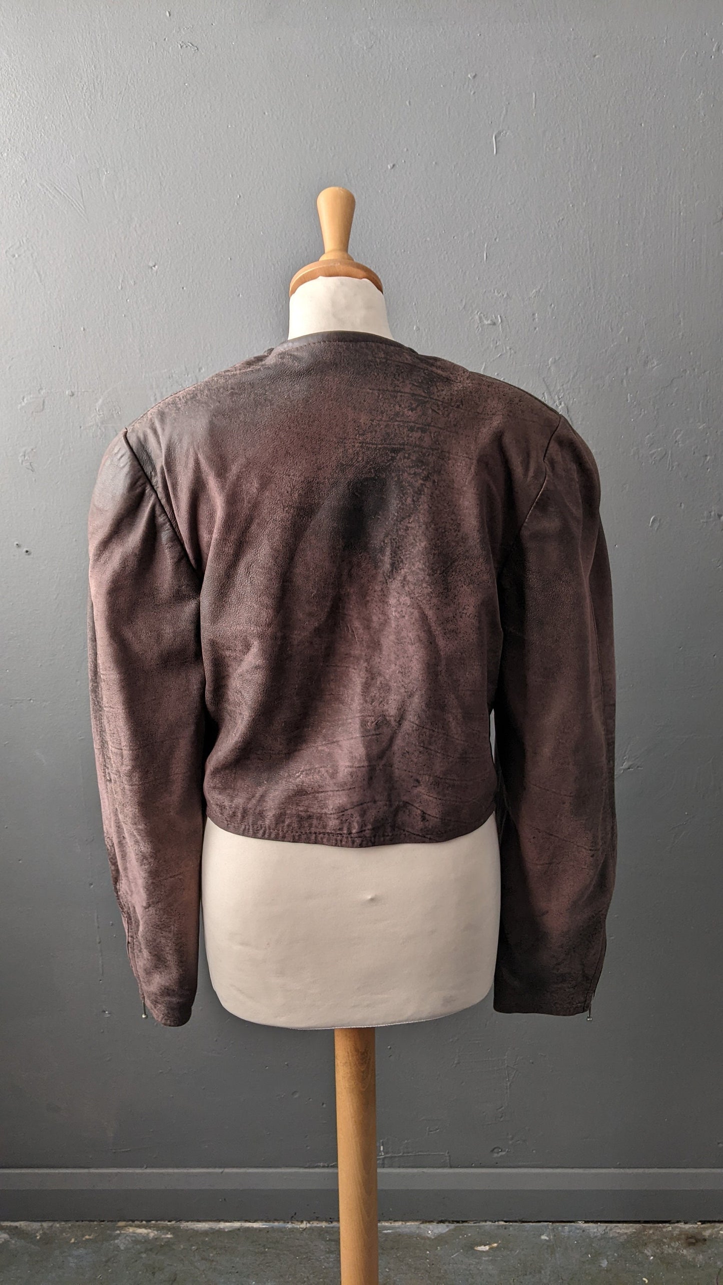 Cropped Leather Jacket with Distressed Finish, Vintage 80s Bolero, Size Small