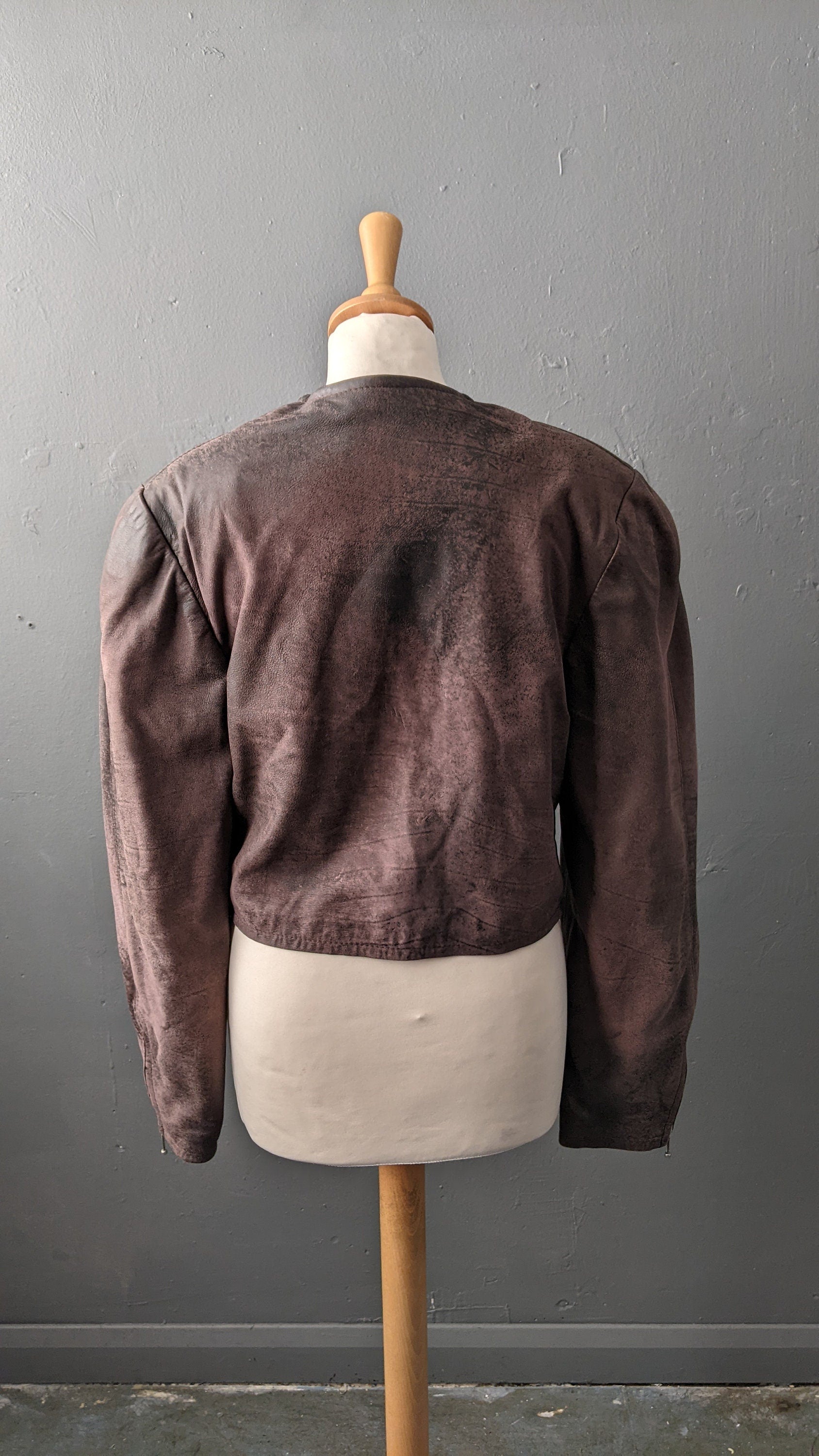 Cropped Leather Jacket with Distressed Finish, Vintage 80s Bolero, Size Small