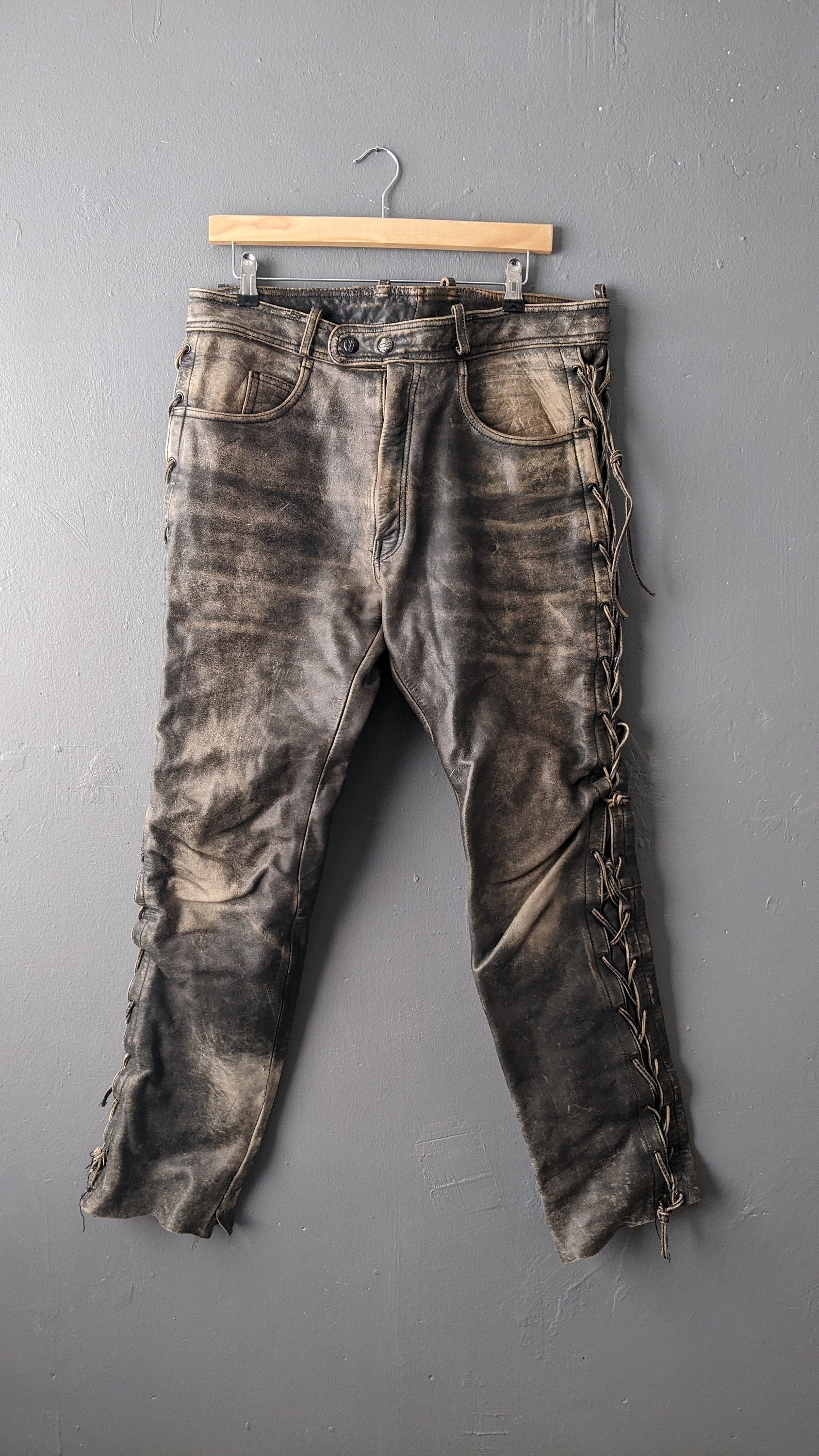 Mens Leather Motorcycle Trousers with Side Lacing, Post Apocalyptic Biker, 36 Waist