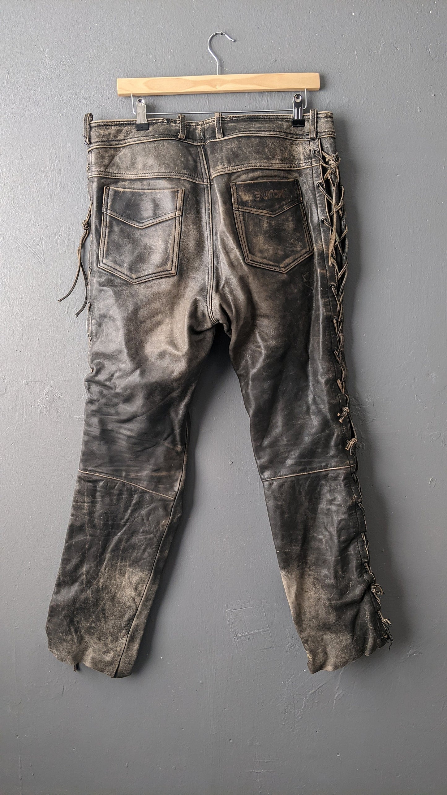 Mens Leather Motorcycle Trousers with Side Lacing, Post Apocalyptic Biker, 36 Waist