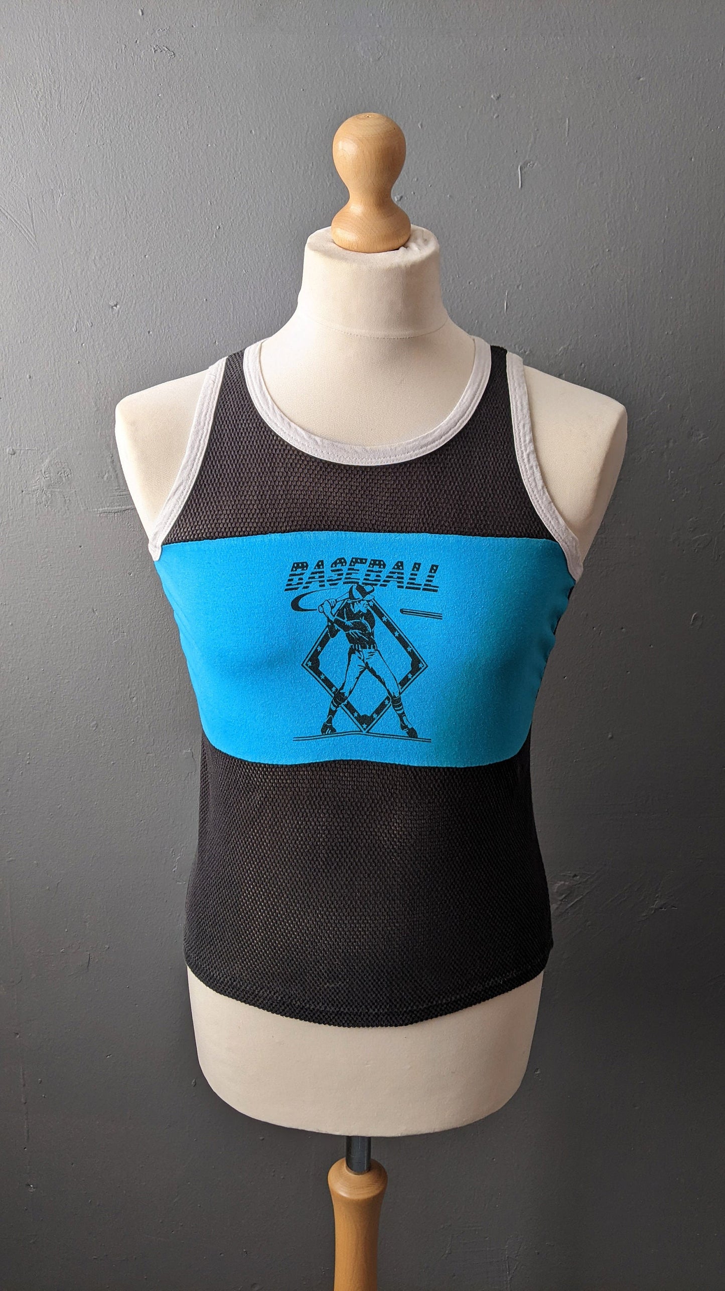 80s Fishnet Baseball Top, Summer Sleeveless Mesh Vest, Size Small Medium