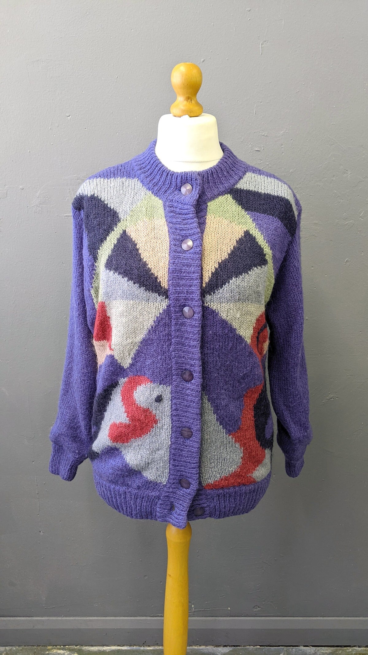 80s Colourful Purple Cardigan, Wool Blend Multicoloured Coatigan, Size Medium