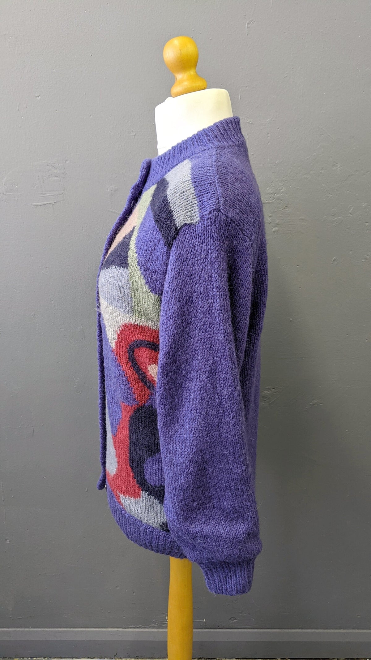 80s Colourful Purple Cardigan, Wool Blend Multicoloured Coatigan, Size Medium