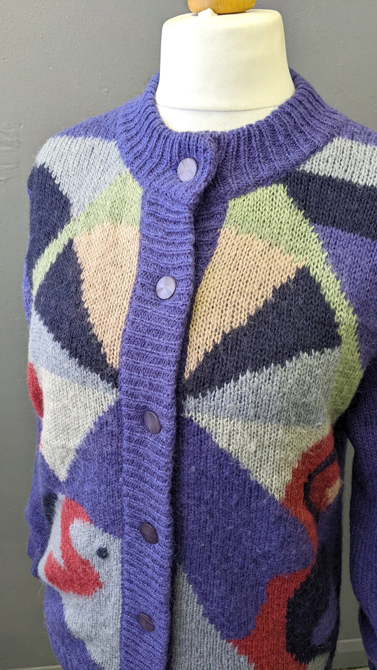80s Colourful Purple Cardigan, Wool Blend Multicoloured Coatigan, Size Medium